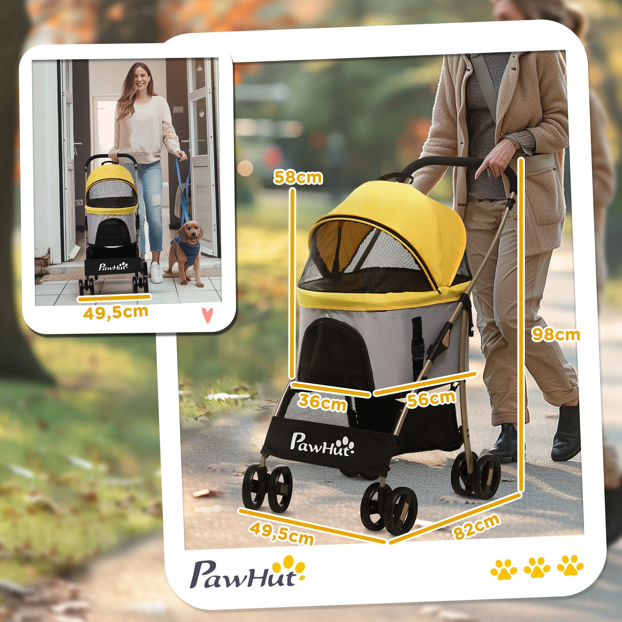 PawHut Hundebuggy 2 in 1 Faltbar bis 10kg Haustierbuggy, (Hundewagen, 1-tlg), für kleine Hunde, Katzen, Oxfordstoff, Gelb