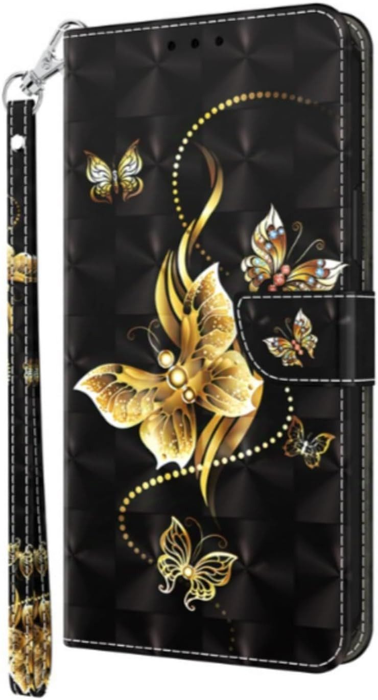 CLM-Tech Handytasche für Xiaomi Redmi Note 15 5G Klapphülle aus PU Leder (goldene Schmetterlinge schwarz, 1-tlg., Flip Case), Magnetverschluss, Standfunktion und Kartenfächer