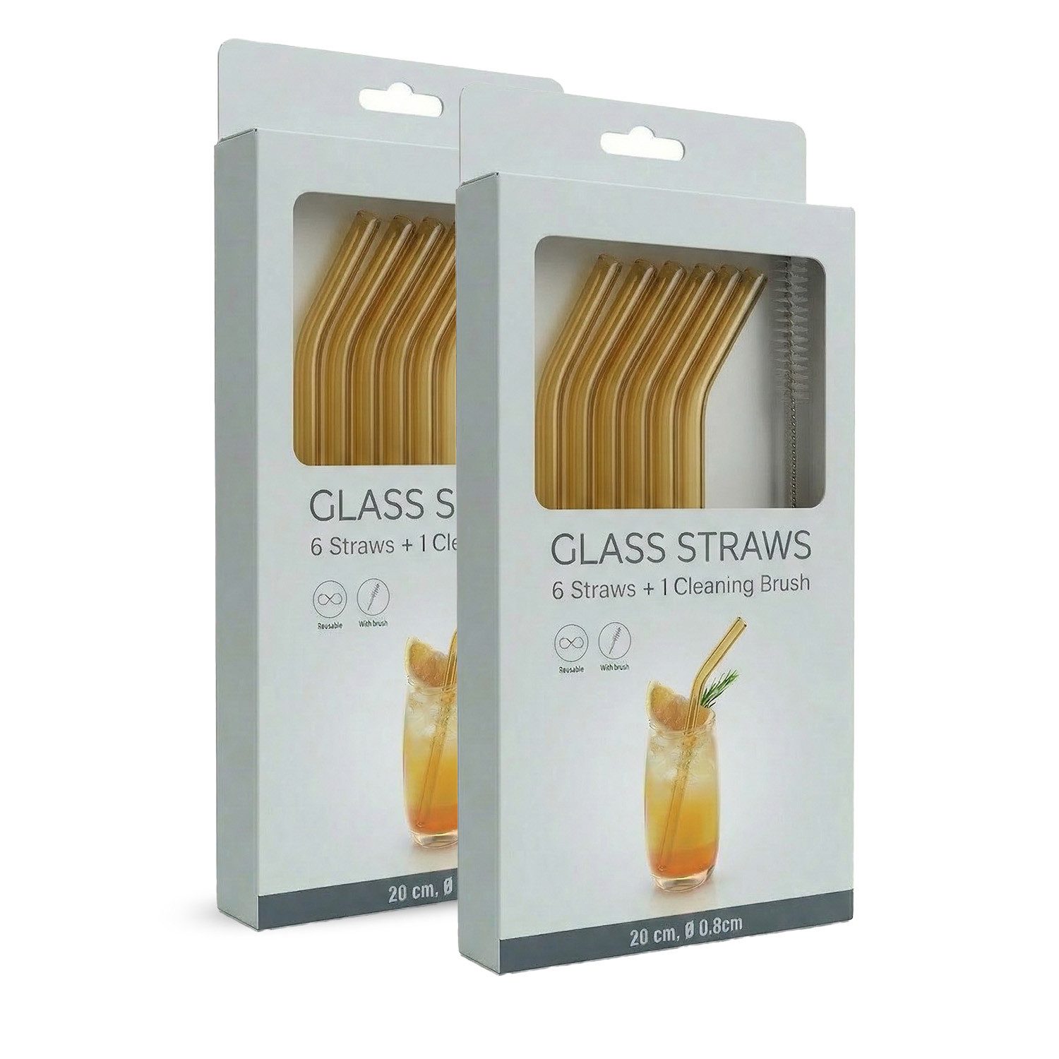PerloPur Trinkhalme 12 Glasstrohhalme gold Strohhalm Glas 2 Reinigungsbürsten (gebogen), (12 Strohhalme aus Glas mit zwei Reinigungsbürsten), 12 Strohhalme aus Glas