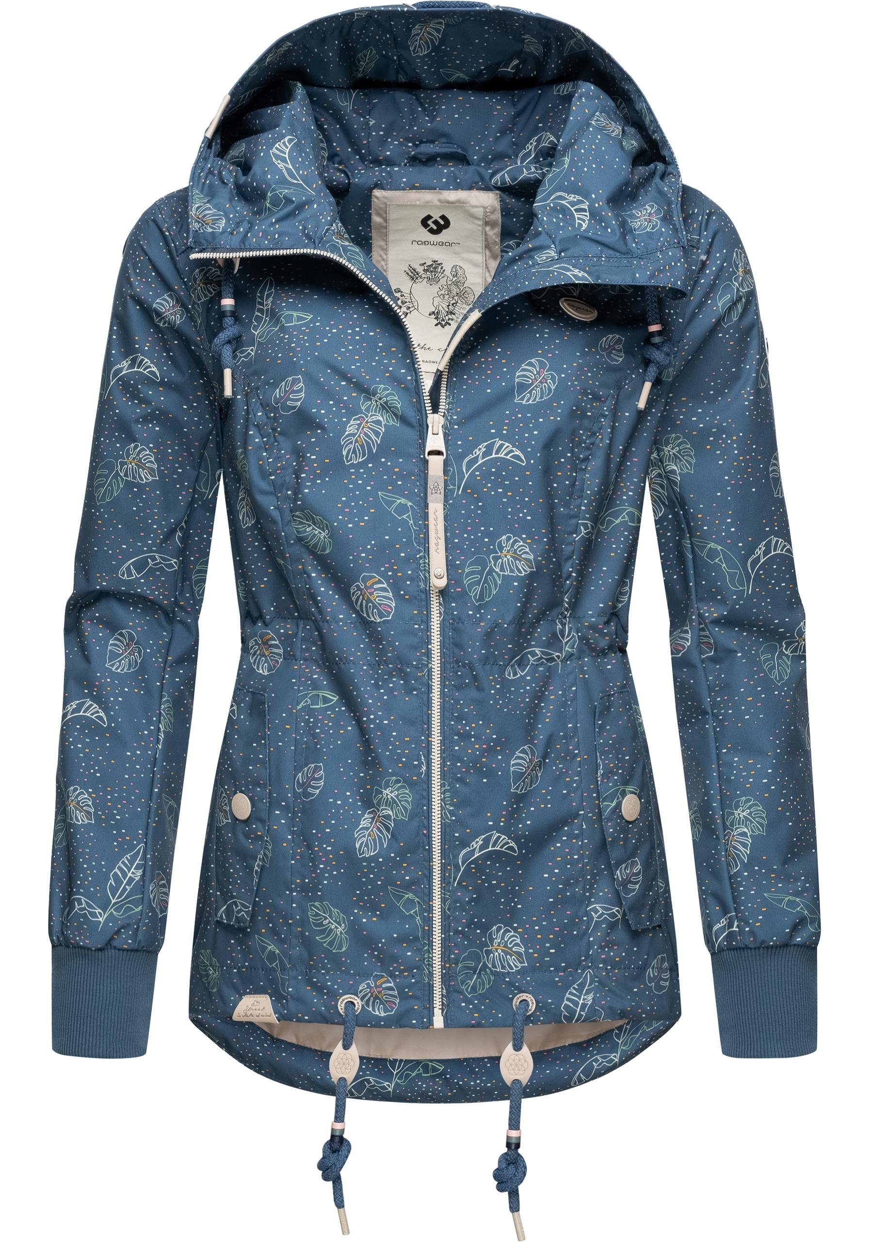 Danka und Ragwear mittelblau mit stylische Übergangsjacke Kapuze Leaves Outdoorjacke Print