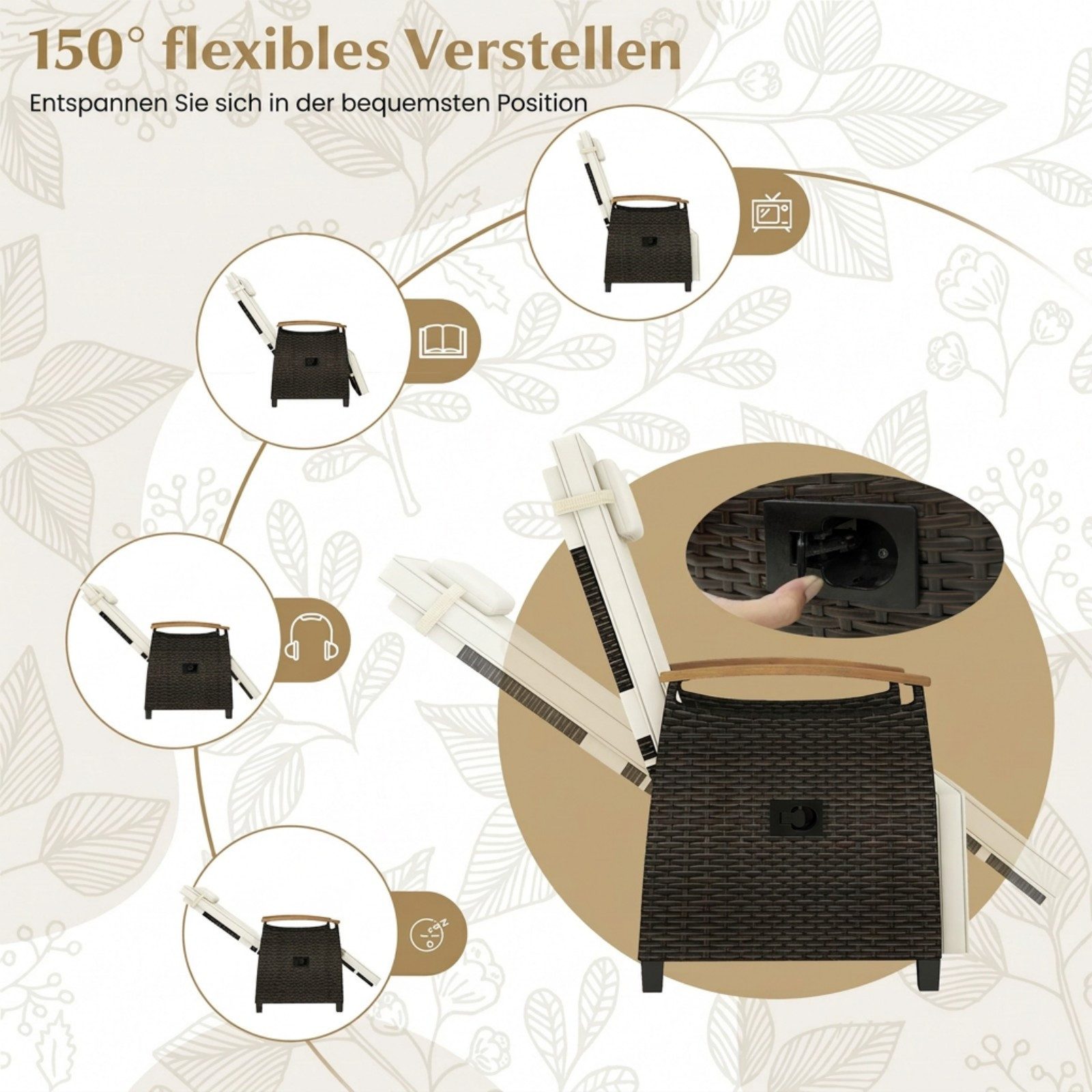 COSTWAY Gartenliege, 1 St., Gartensessel mit Liegefunktion, Kissen, Tisch, verstellbar