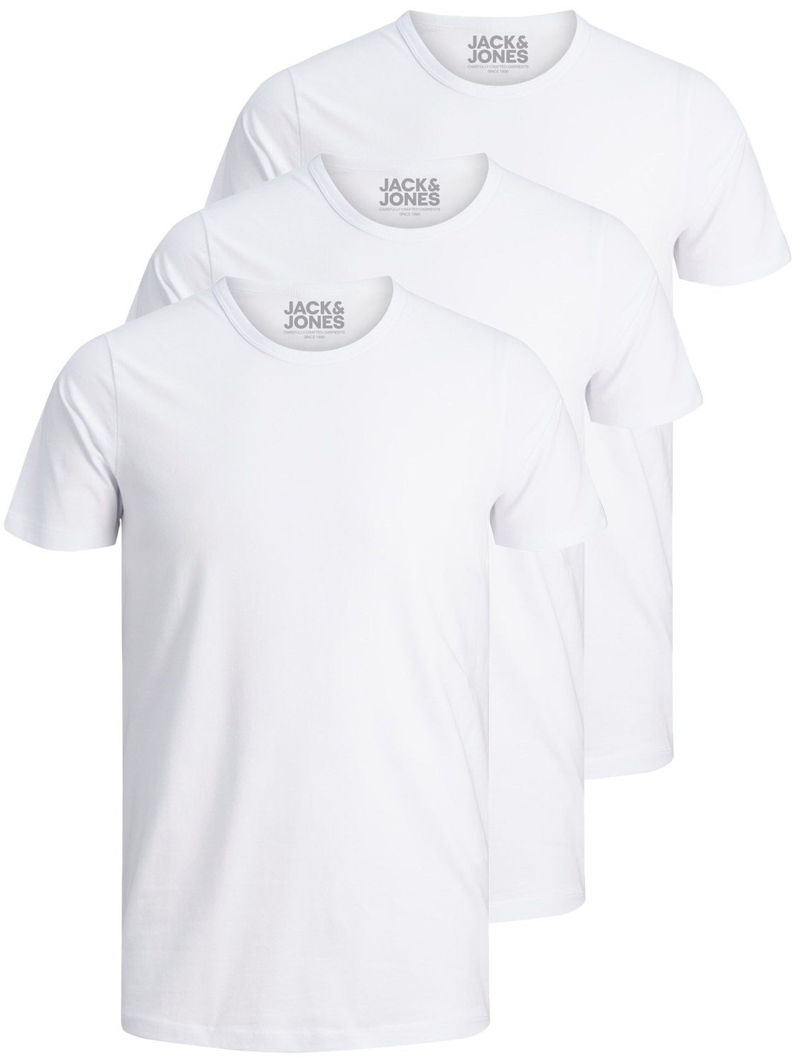 Jack & Jones T-Shirt Basic zu weiß etwas O-Neck kurz 3er nicht Pack) (3-tlg., länger geschnitten