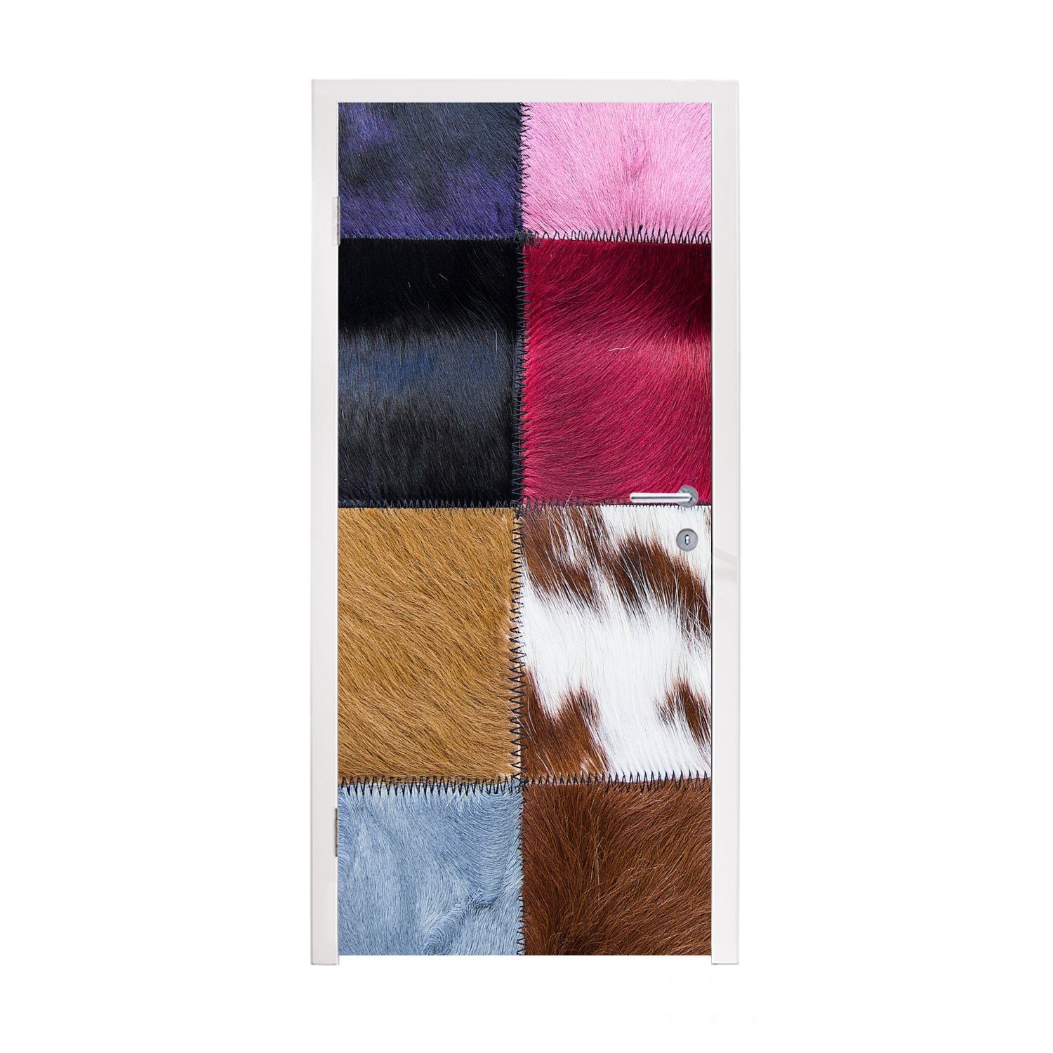 MuchoWow Türtapete Ein farbenfroher Karoteppich mit unter anderem Kuhfell, Matt, bedruckt, (1 St), Fototapete für Tür, Türaufkleber, 75x205 cm