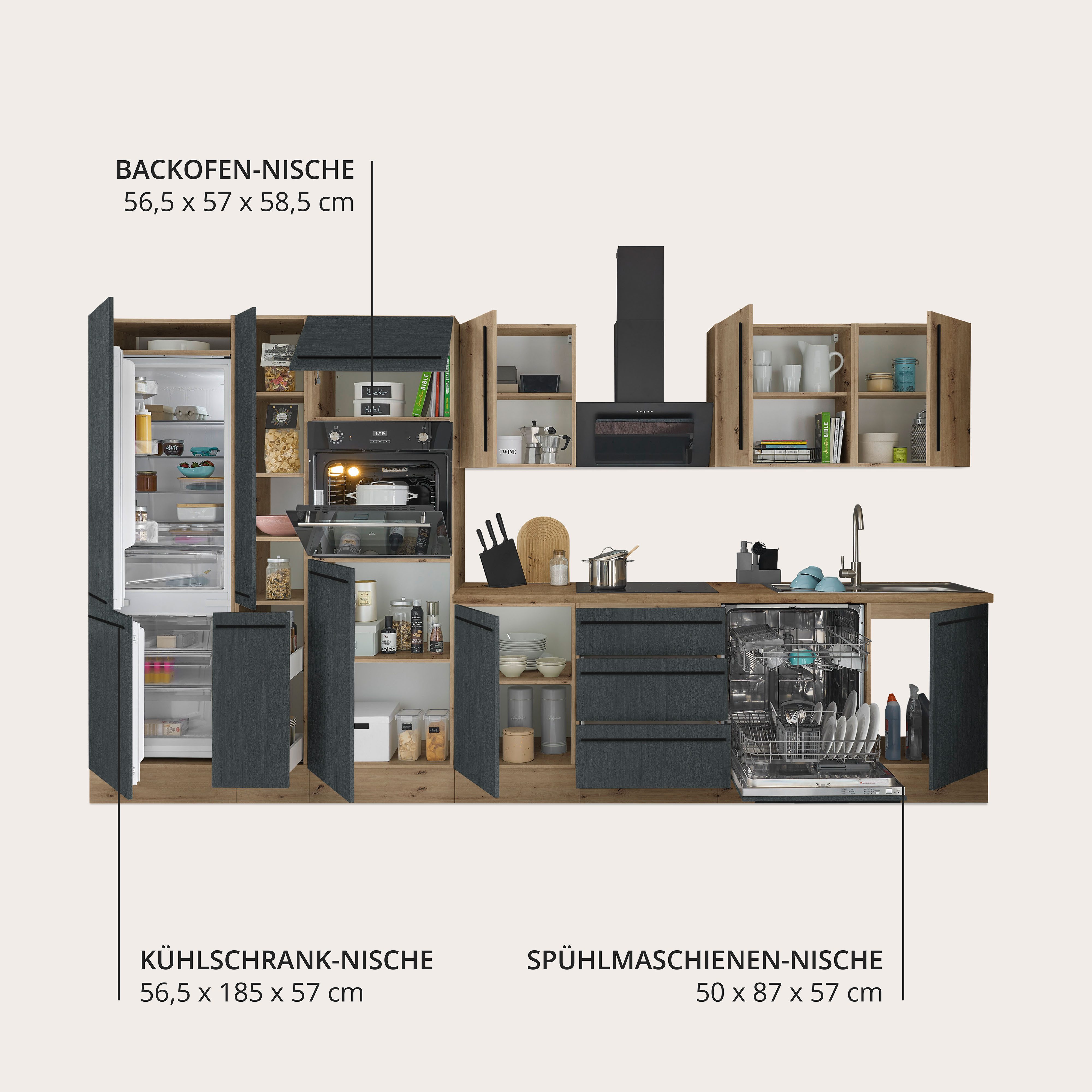 KOCHSTATION Küchenzeile Florida, Breite 370 cm, wahlweise mit E-Geräten,Softclose für Türen/Schubkästen