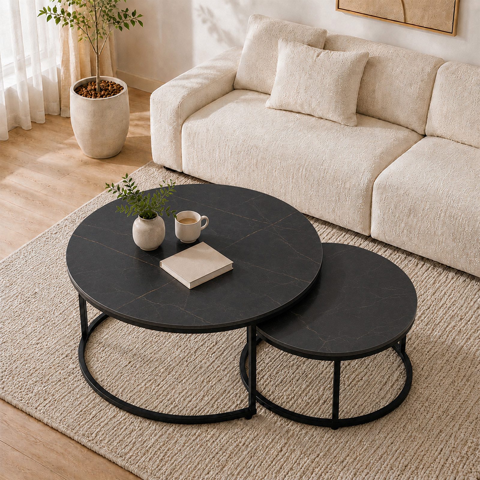 HomeGuru Couchtisch rund, Satztische 2 St., Marmormuster, Sintergestein, modernes Design (2-St., Set)