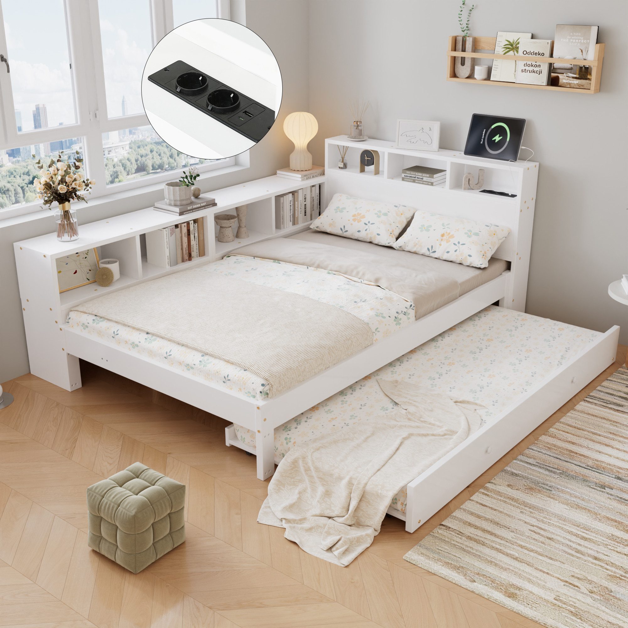 i@home Funktionsbett Daybett Holzbett 120x200 cm mit Ausziehbett 90x190 cm, weiß, seitlich Stauraumregal links/rechts montierbar, KInderbett,Jugendbett