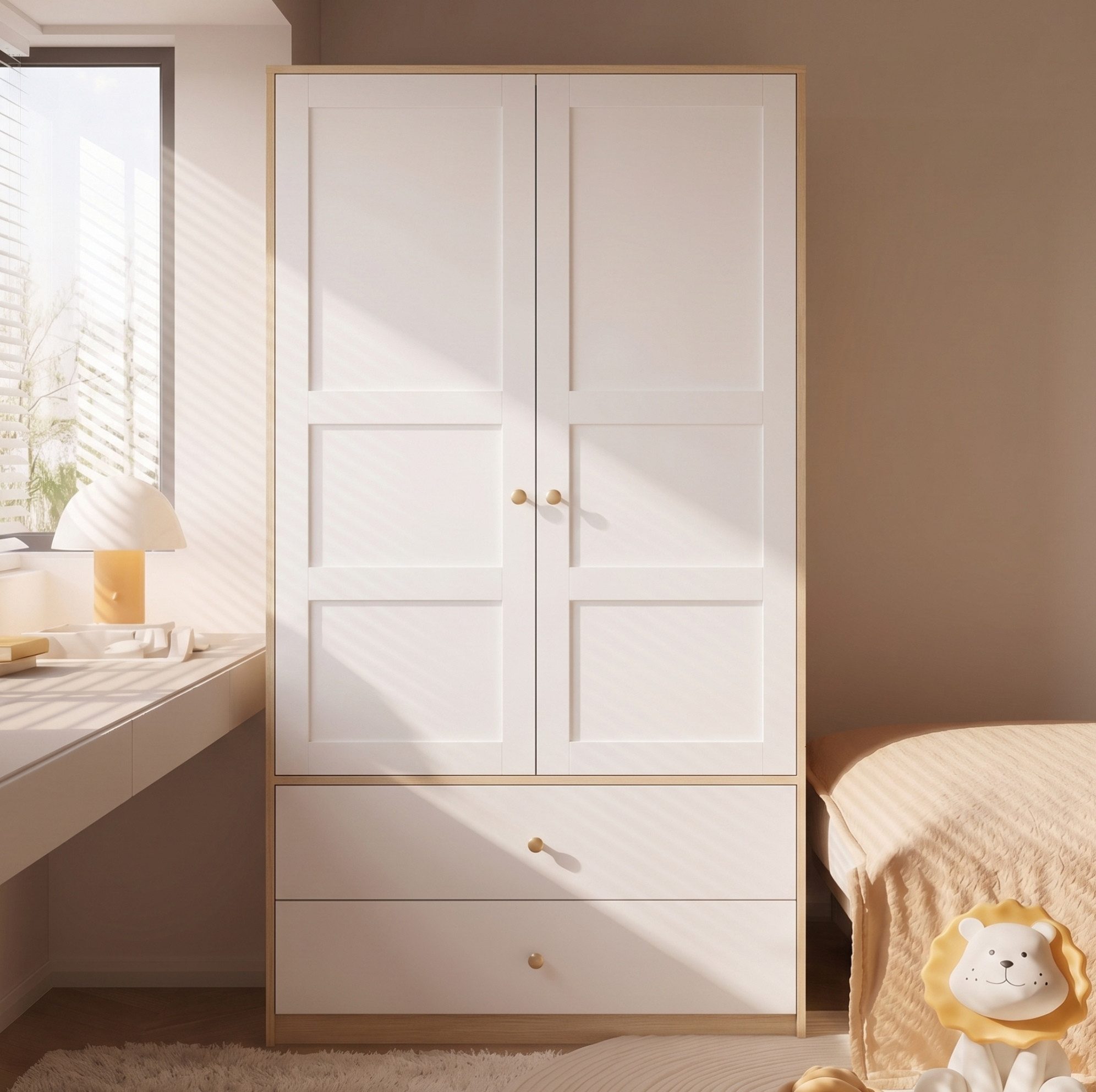 OKWISH Kleiderschrank Stauraumschrank mit 2 Türen & 2 Schubladen (Packung, 1-St., Natur+Weiß, 100×48×180 cm, für Schlafzimmer) Kleiderstange, verstärkte Beschläge, viel Stauraum