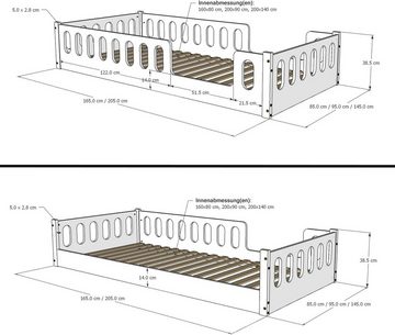 CADANI Kinderbett Monte 80x160 cm - 140x200 cm weiß (abnehmbarer Rausfallschutz), Montessori, Bodenbett