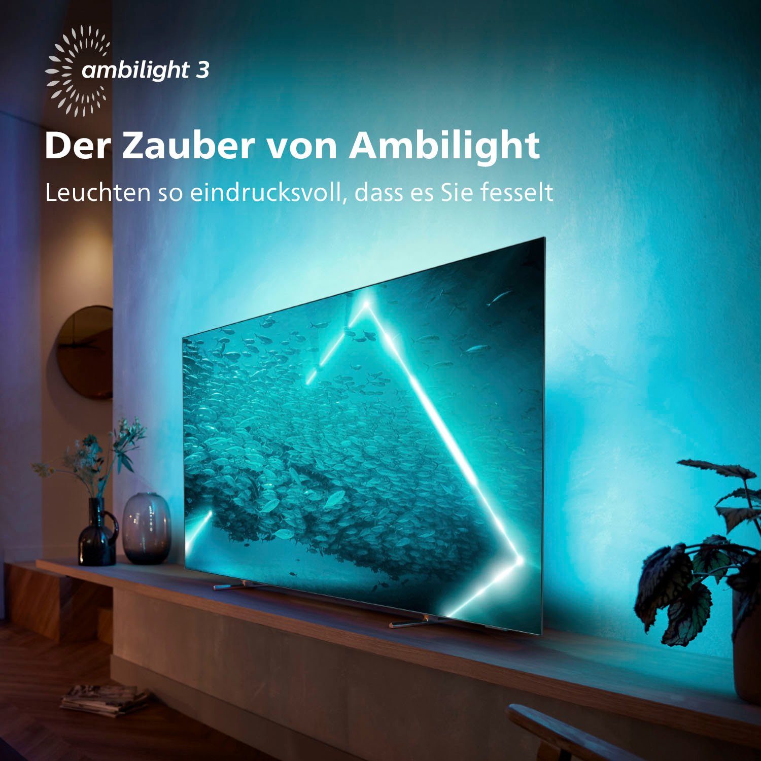 Philips 48OLED707/12 TV, HD, Ambilight) (121 OLED-Fernseher Zoll, Android cm/48 Smart-TV, Ultra 3-seitiges 4K