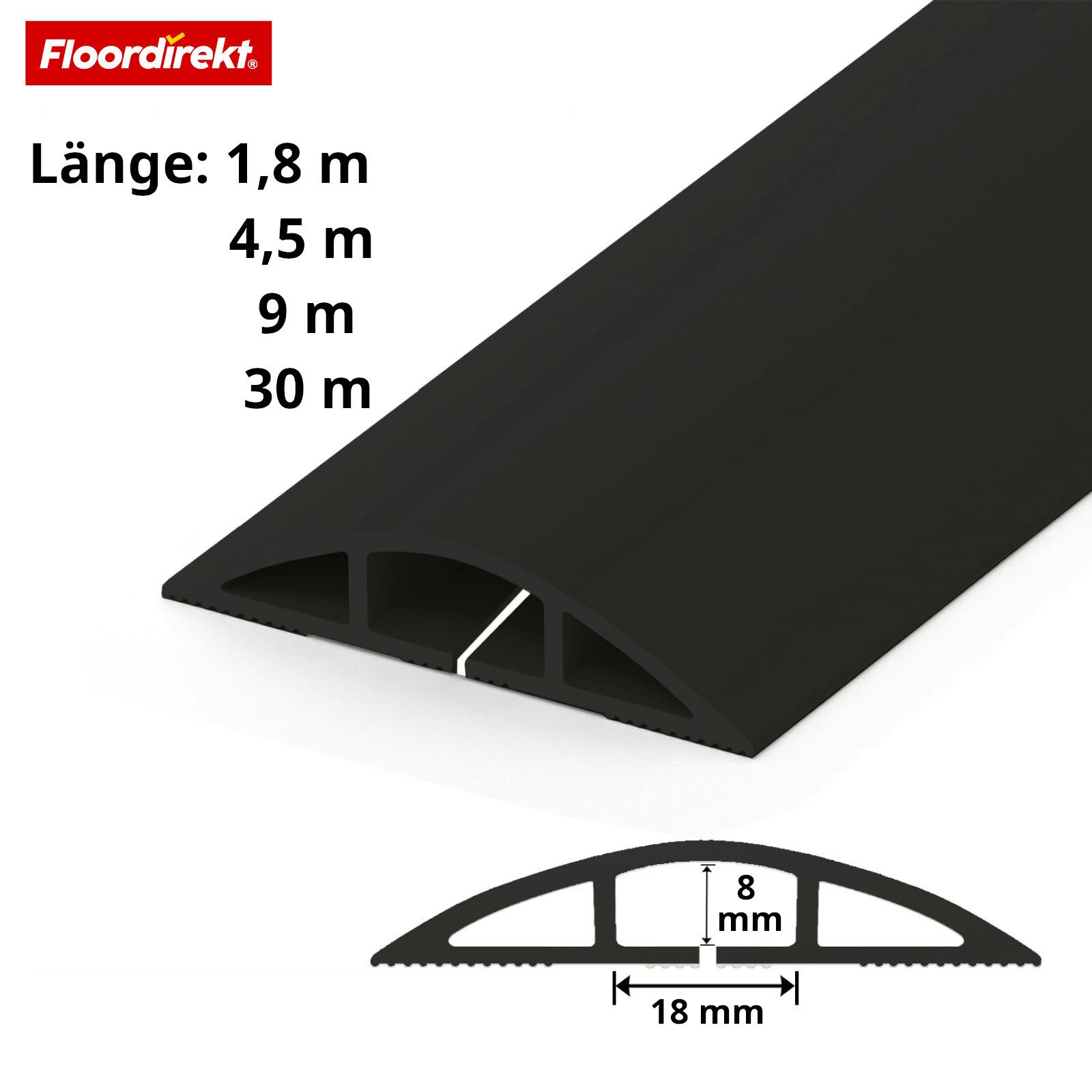 Floordirekt Kabelkanal Boden Cable Guard rutschfester Stolperschutz Kabelschutz zuschneidbar (1,8 m, 4,5 m, 9 m, 30 m, 2 Kabel bis 8 mm Ø (Kammer: 18 × 8 mm), R – Bild 3 von 5