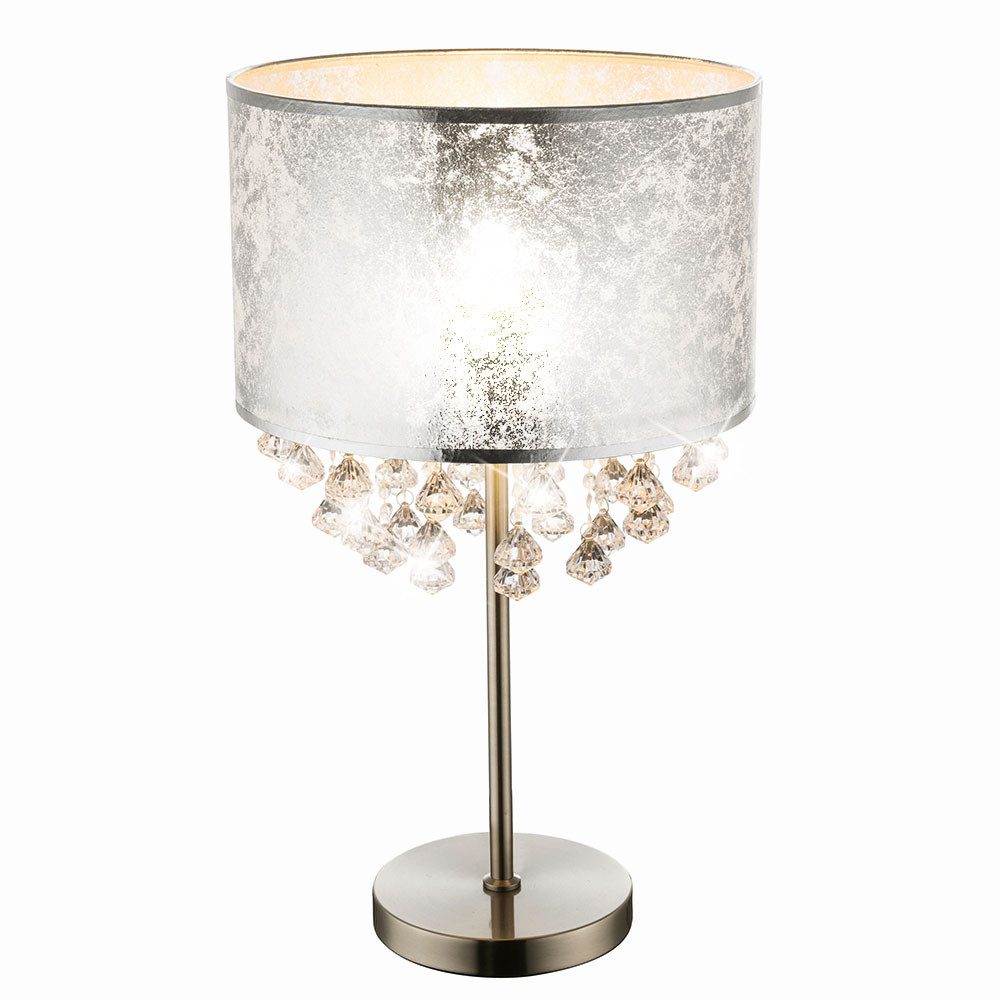 GLOBO LIGHTING Schreibtischlampe, Leuchtmittel inklusive, Warmweiß, Tischlampe LED Tischleuchte silber Stoffschirm Kristalldeko Höhe 56 cm