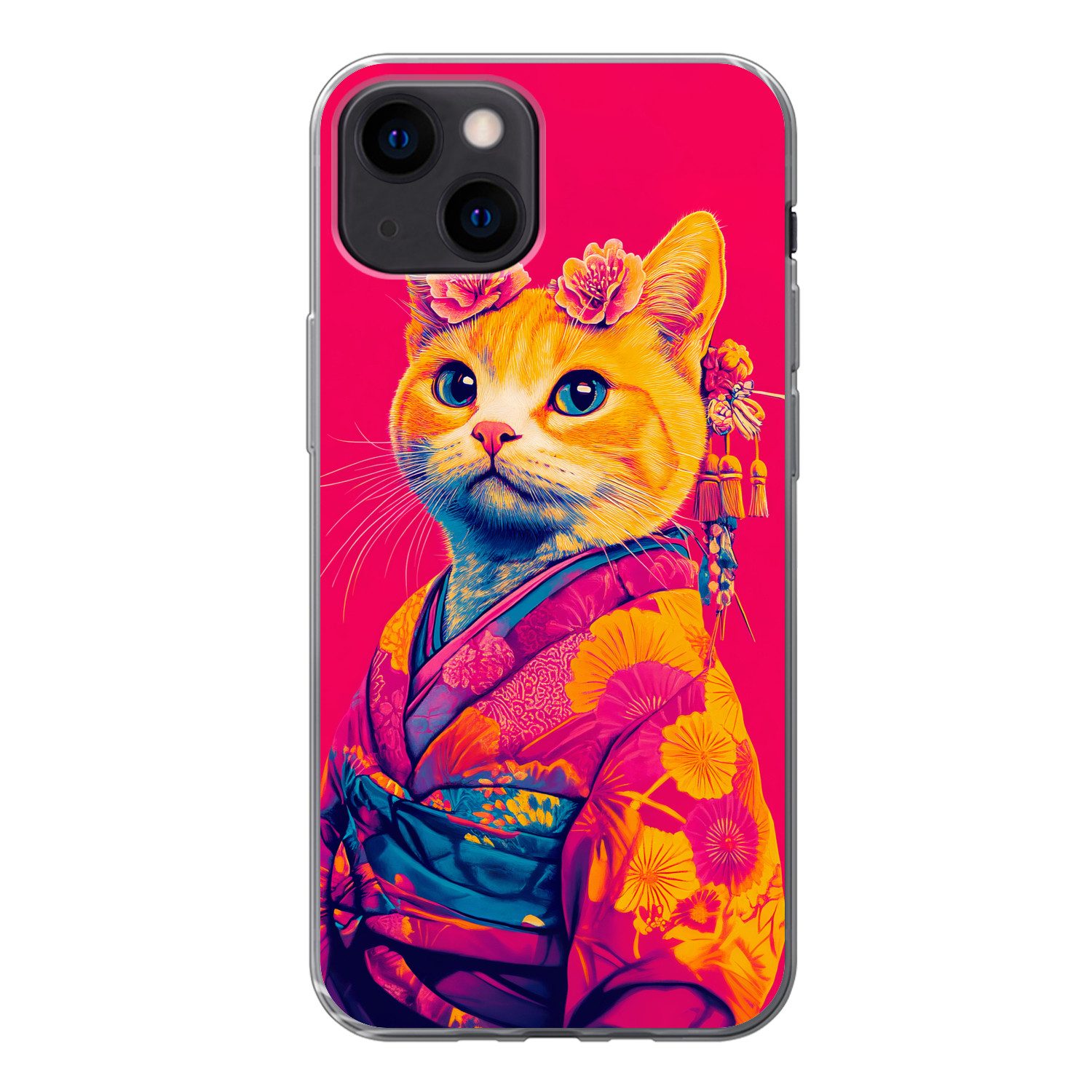 MuchoWow Handyhülle für Apple iPhone 13 mini Katze - Kimono - Blumen - Rosa, Smartphone-Bumper, Print, Handy Schutzhülle Dünn
