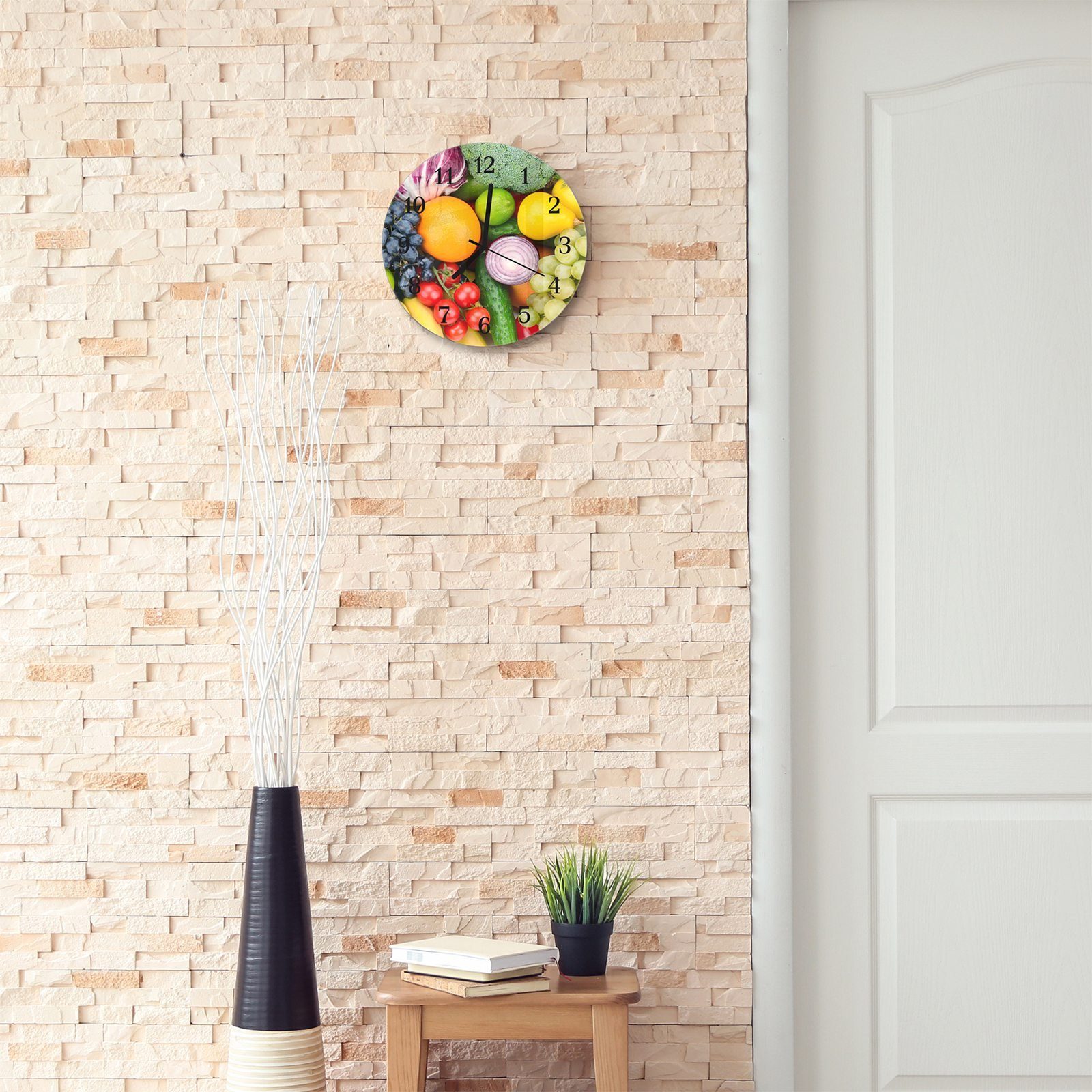 30 Quarzuhrwerk Frisches - Durchmesser Motiv mit aus und cm Wanduhr mit und Obst Wanduhr Primedeco Gemüse Rund Glas
