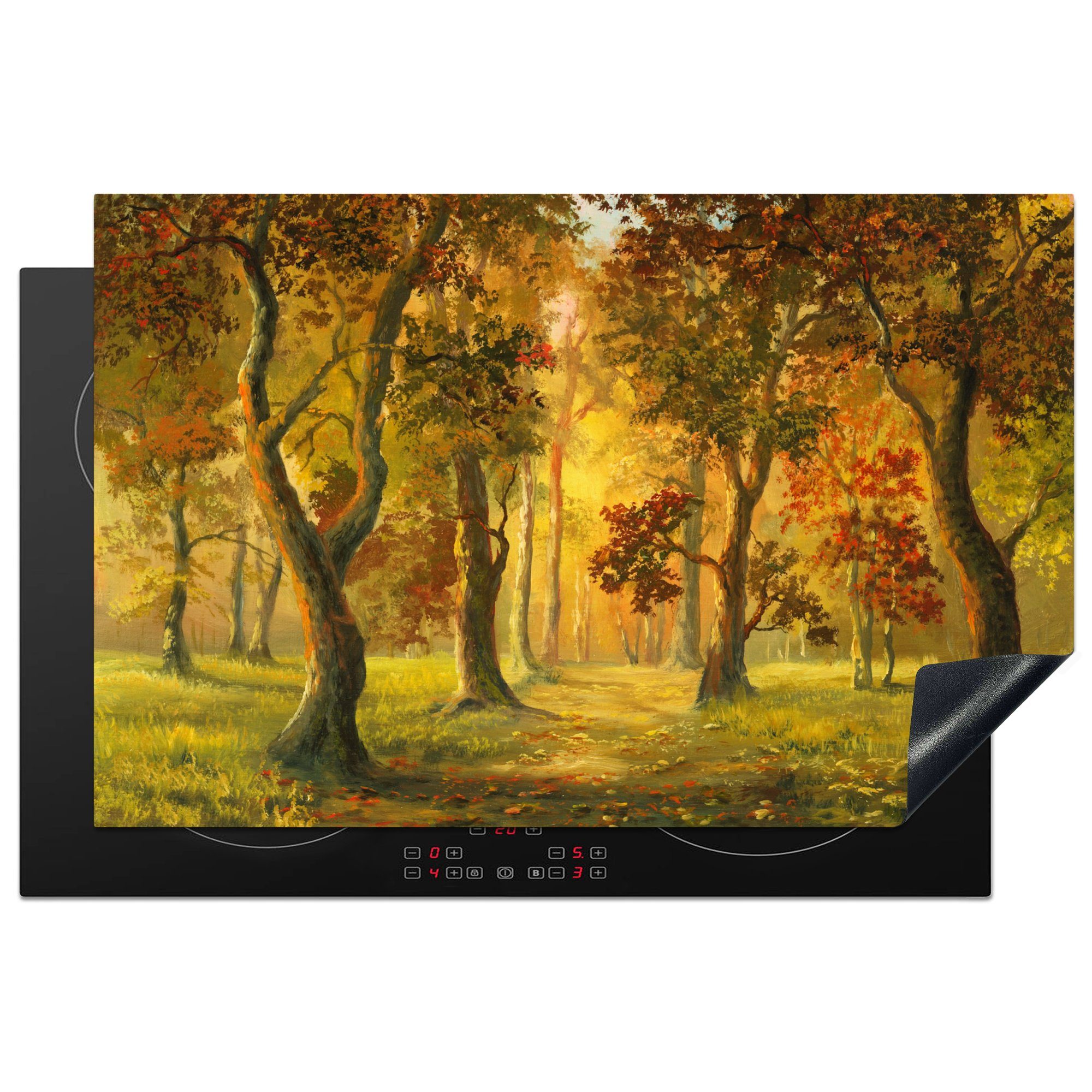 MuchoWow Herdblende-/Abdeckplatte Eine Illustration eines Waldes in der Herbstsonne, Vinyl, (1 tlg), 81x52 cm, Induktionskochfeld Schutz für die küche, Ceranfeldabdeckung