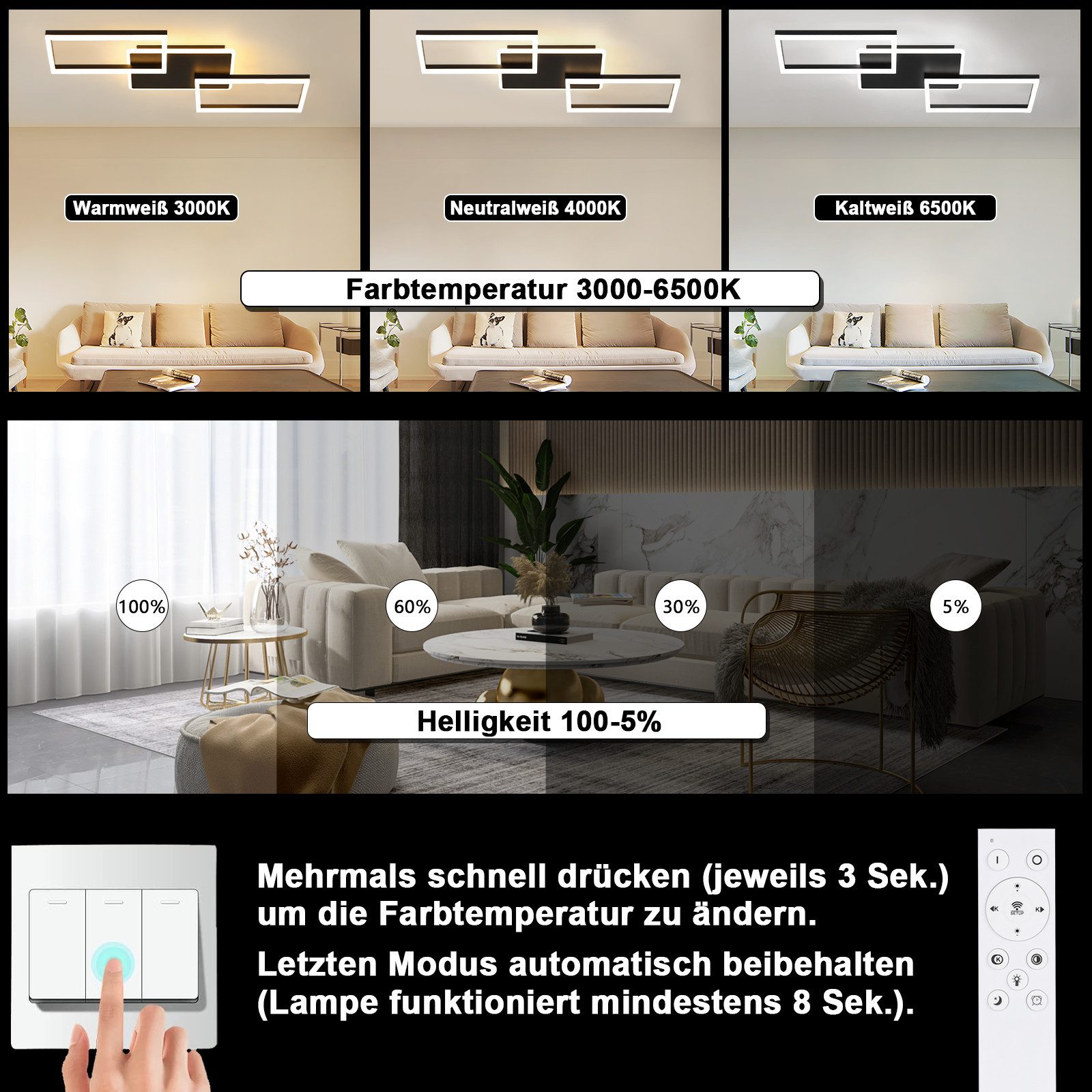 ZMH Deckenleuchten Modernes Rautendesign mit Rahmen 48W/63W Schlafzimmer Dimmbar, LED fest integriert, CCT,Memory-Funktion,3000–6500K – Bild 5 von 5