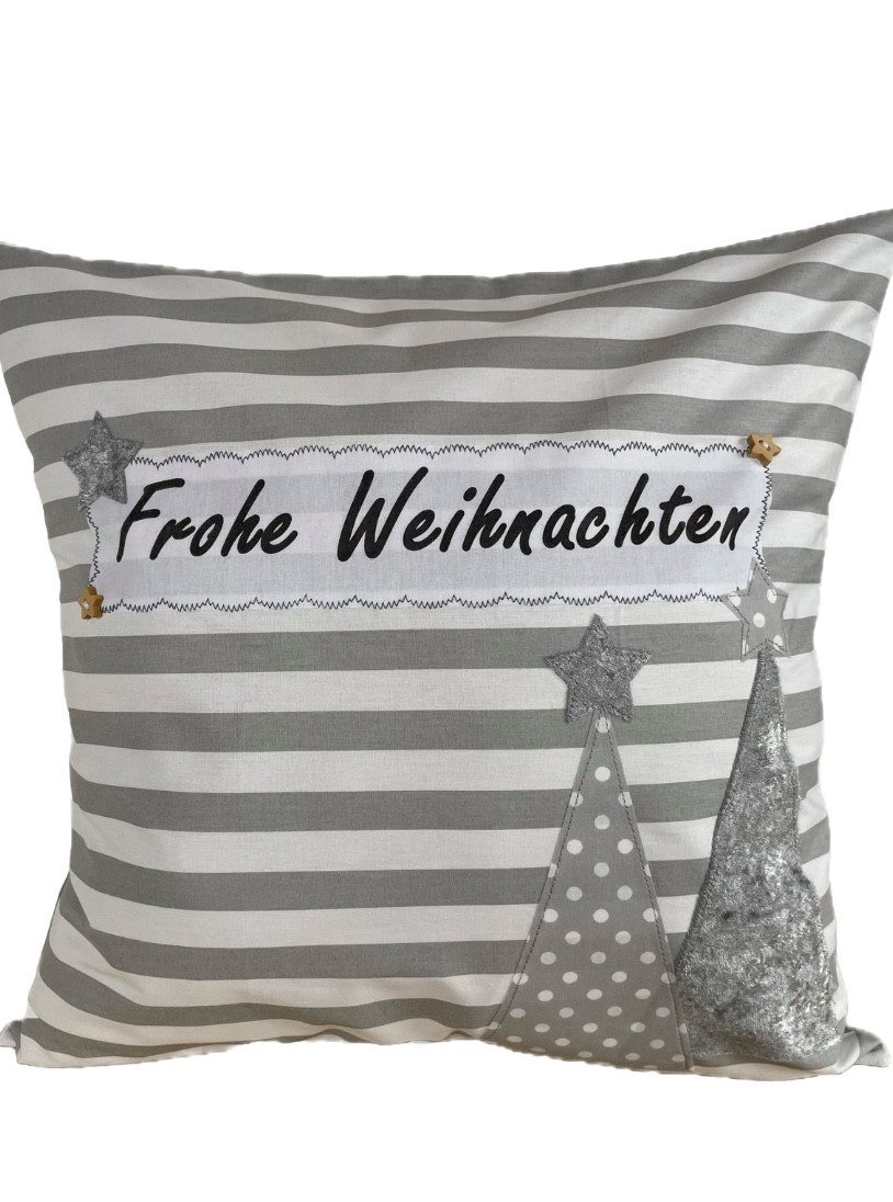 Ammerkind Dekokissen Landhaus Kissenhülle "Frohe Weihnachten" grau/weiß gestreift, Kissenhülle ohne Füllung