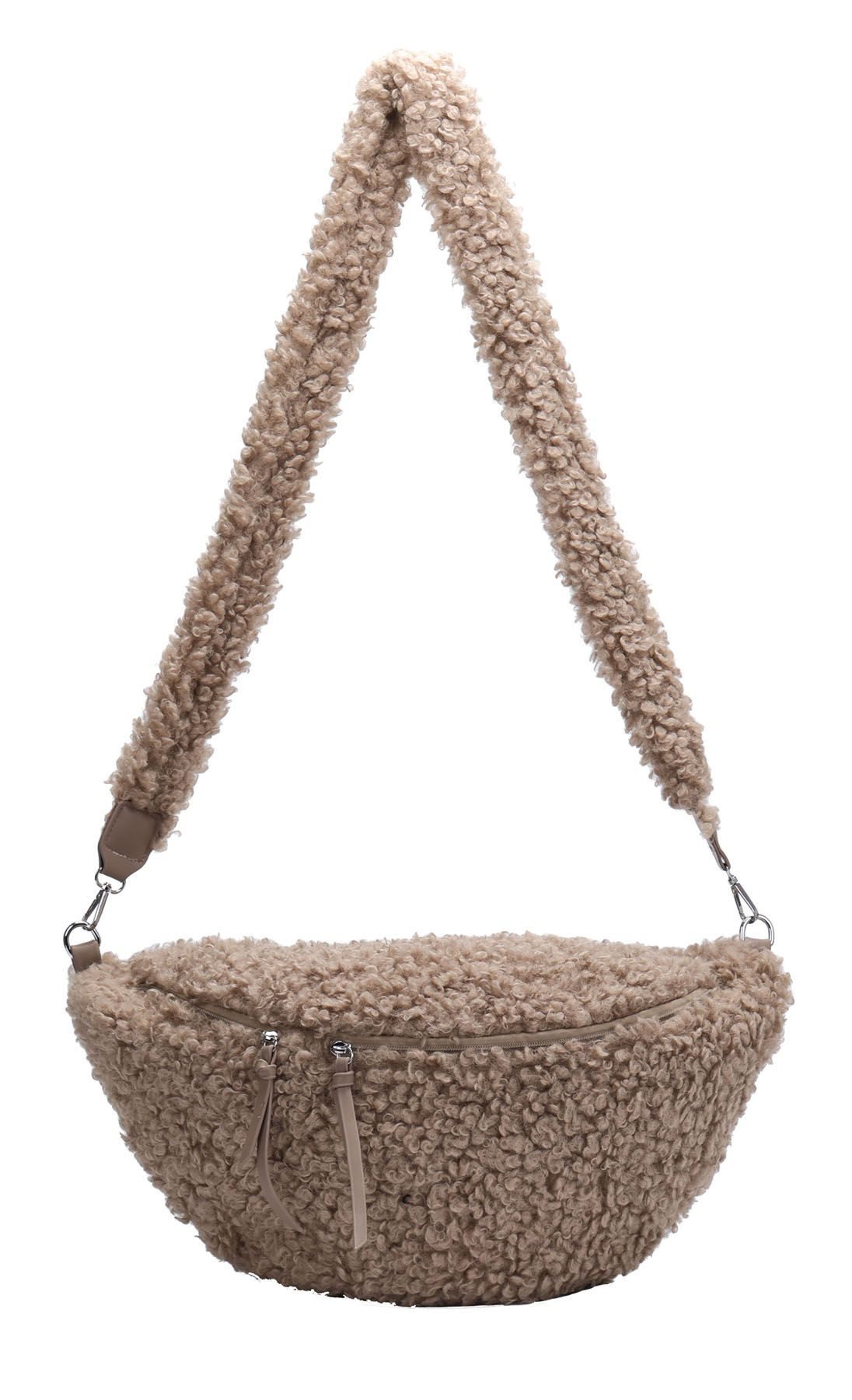 ITALYSHOP24 Schultertasche Damen XXL Teddyfell Tasche CrossBody Bauchtasche PELZTASCHE Felltasche, Body Bag Teddytasche CrossOver Umhängetasche Hüfttasche Plüsch Fell