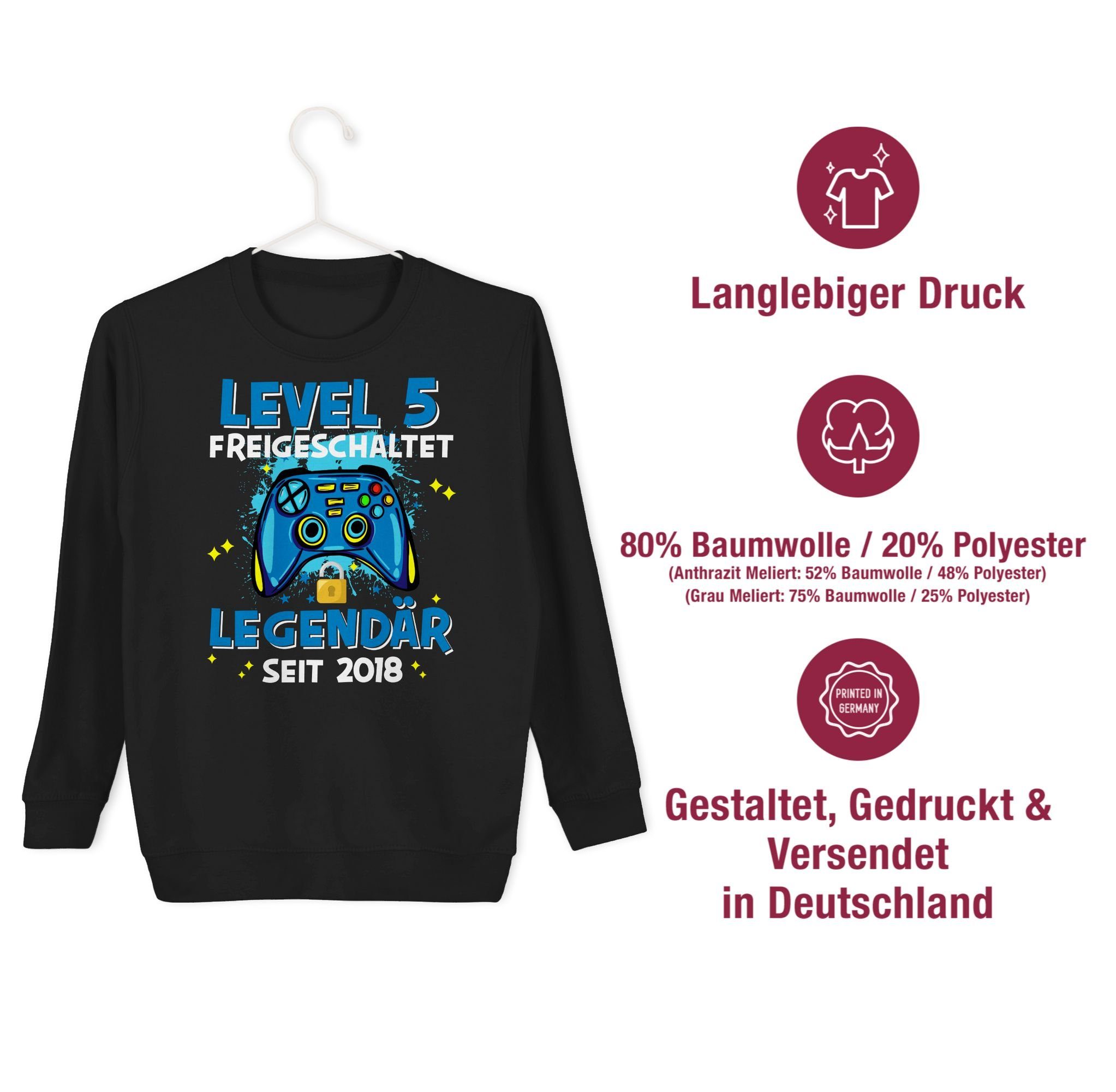 Geburtstag 2018 Schwarz freigeschaltet 2 5. Legendär Shirtracer Sweatshirt Level seit 5