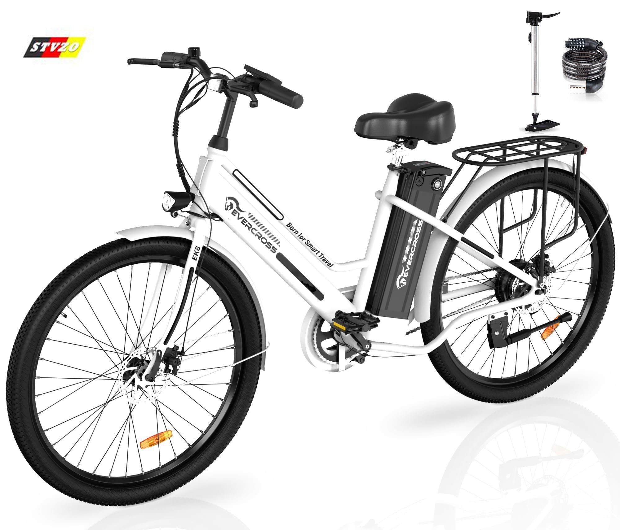 EVERCROSS TECH E-Bike EK8S, 26 Zoll mit Pedal Assist 36V 12Ah Akku 15/20/25 KM/H, 3 Gang, 250W Motor, 120KG Max. Belastung Elektrofahrräder für Damen Herren