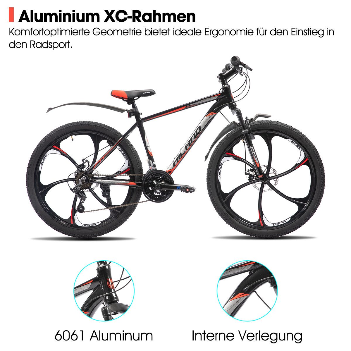 HILAND Mountainbike 26 Zoll Mountainbike für Erwachsene für Männer, Frauen, Studenten, 3-Speichen-Räder, 18-Gang, mit Schutzblechen, Doppelscheibenbremsen