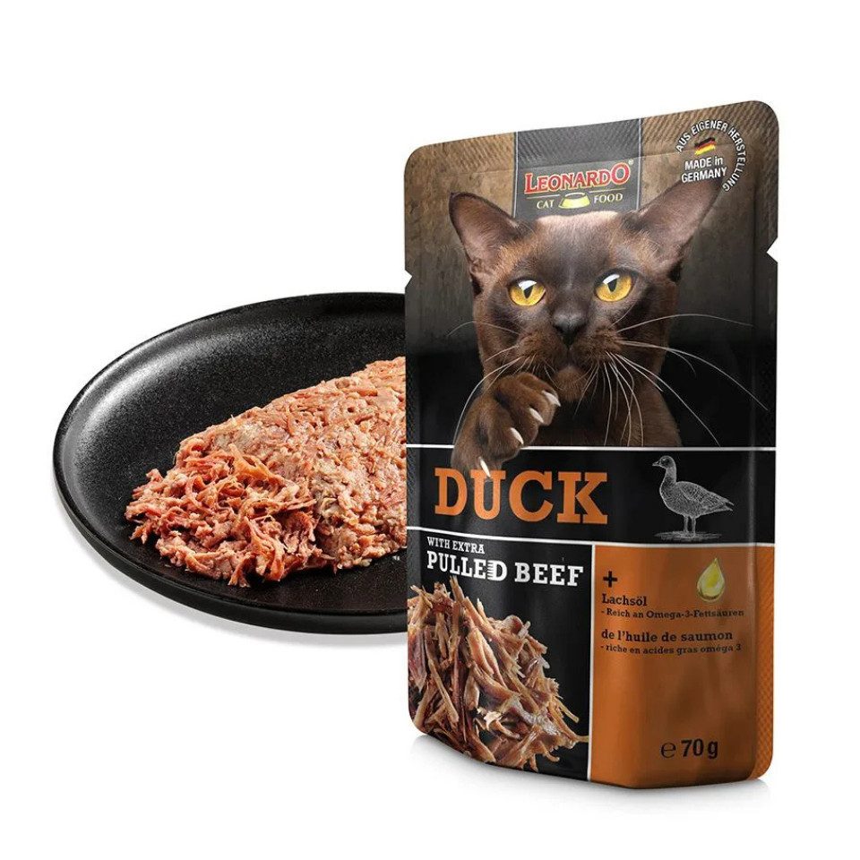 Leonardo Catfood Duck with extra pulled Beef - saftiges Entenpaté mit Rindfleisch 16x70g, Nassfutter für: Katzen