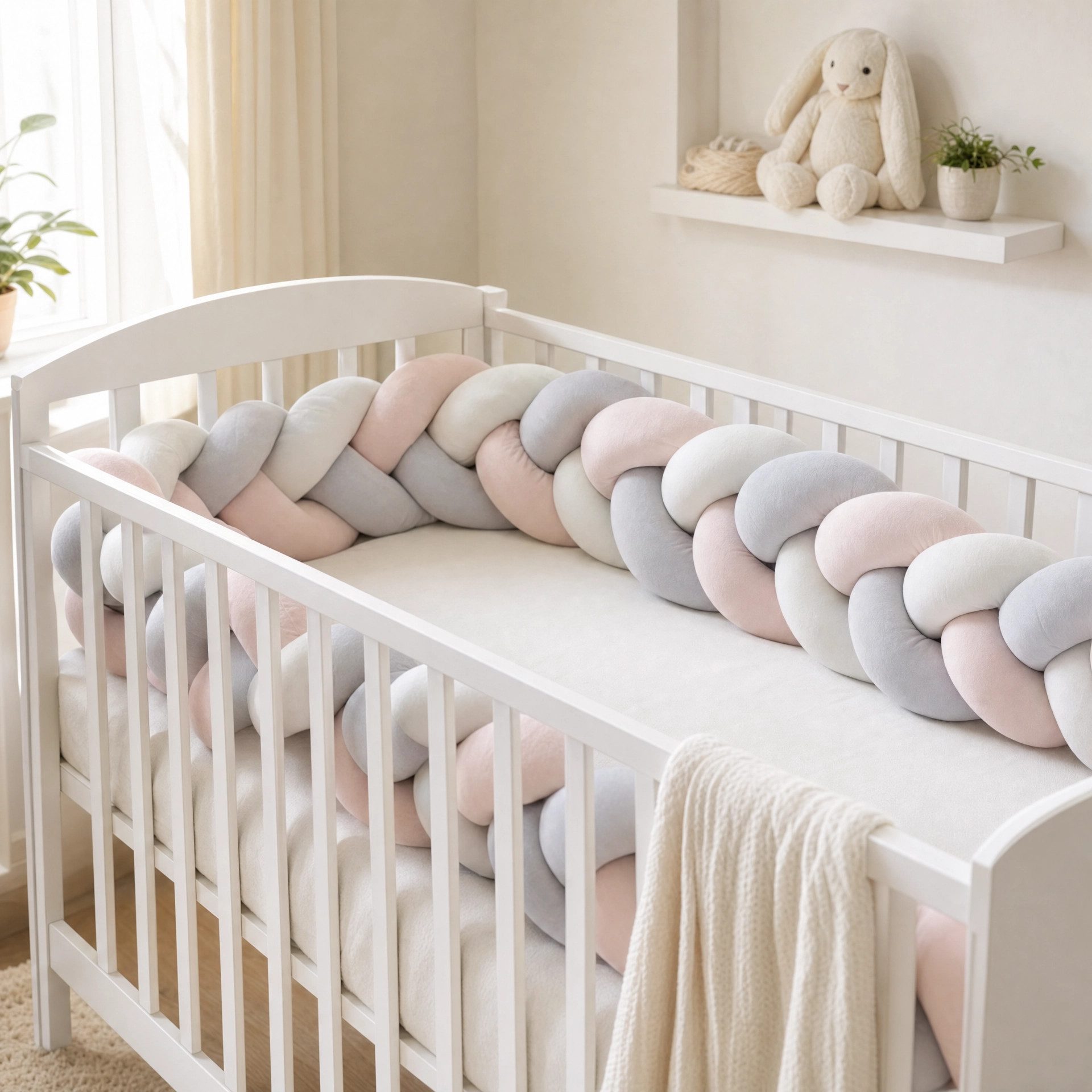 LuMali Nestchenschlange Bettschlange geflochten 210cm Nestchen Bettumrandung Babybett Zopf, Stillkissen Seitenschläfer Velour weich hypoallergen Pastellfarben