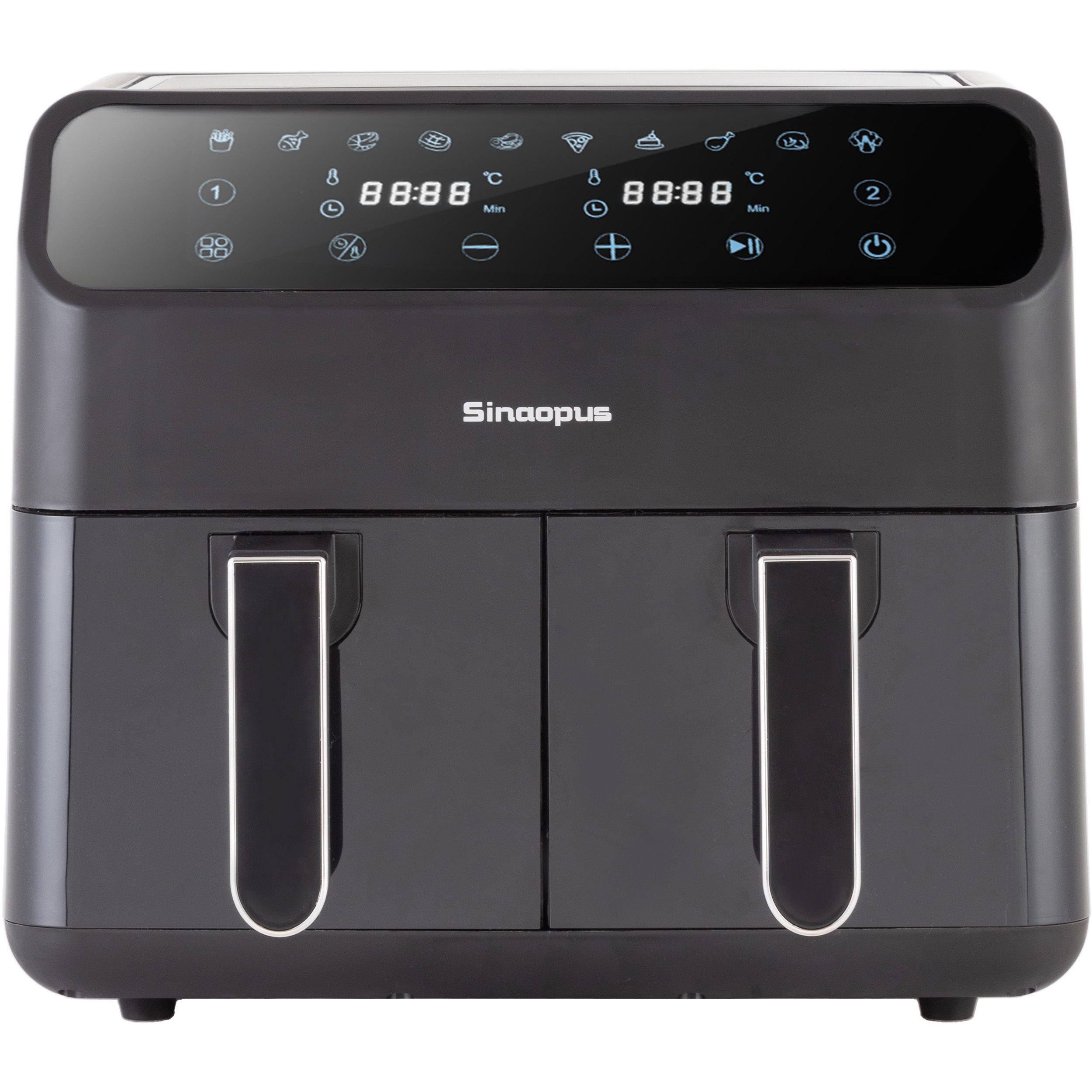 Sinaopus Heißluftfritteuse 9L XXL, Dual Airfryer 2000W mit LED-Display, Sichtfenster & 10 Programmen, 2000 W, Doppelkammer-Airfryer mit LED-Display, Sichtfenster, Timer
