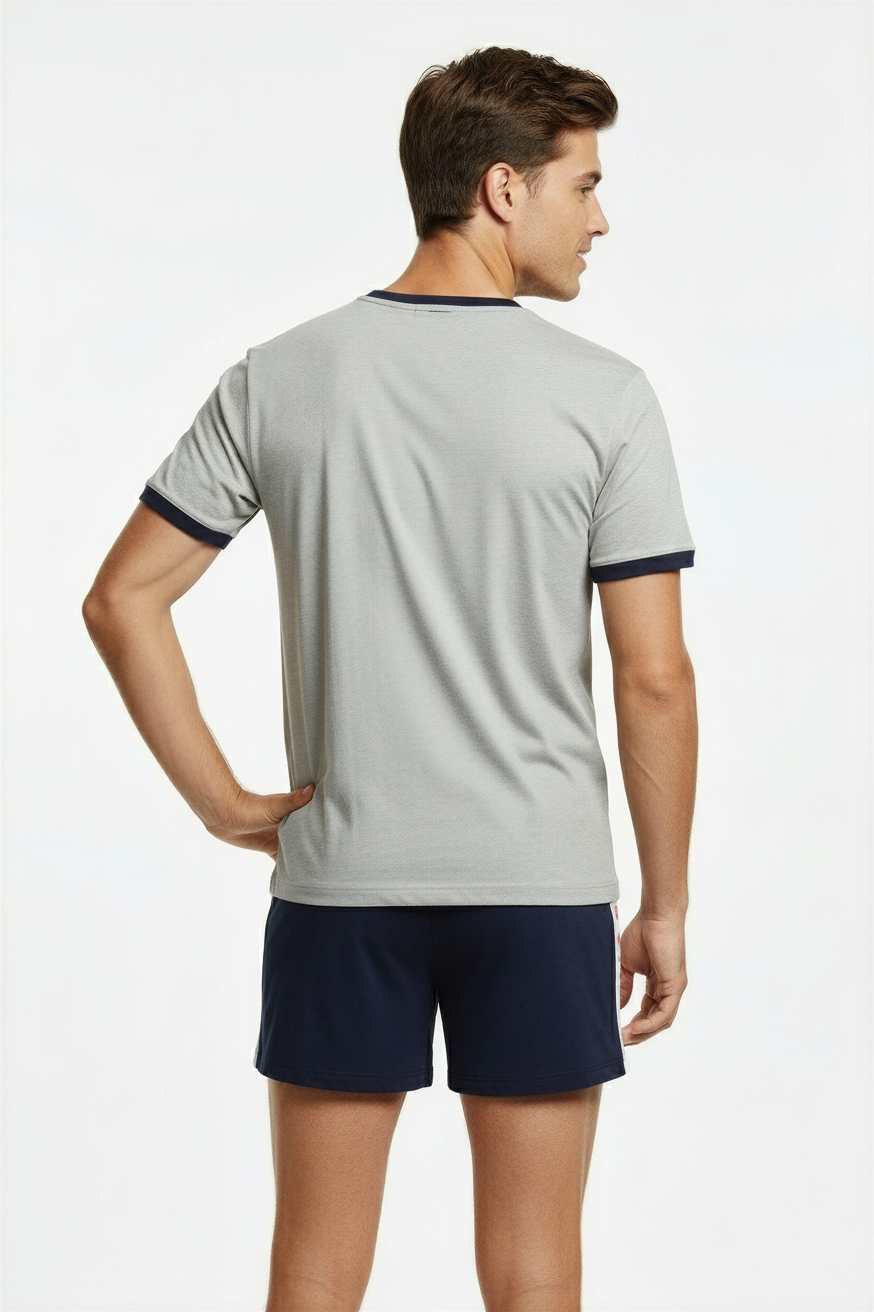 MUSTANG Schlafanzug MIKA Short-Set T-Shirt Short kurze Hose Pyjama Schlafkombi Nachtwäsche (2 tlg) Oberteil graumelange, Short navy