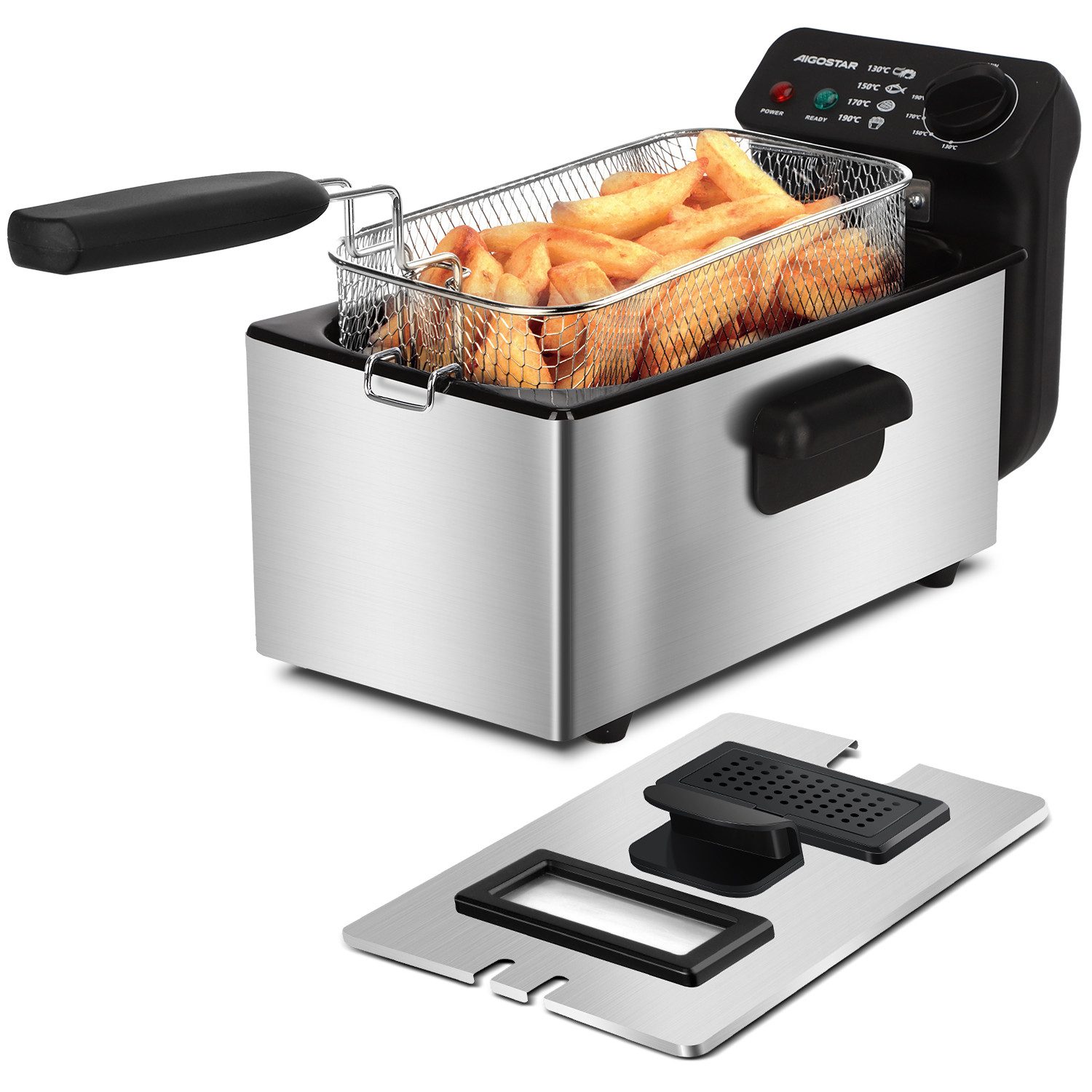 Aigostar Fritteuse Semi-professionelle Fritteuse, Edelstahl, 2200W, 3L