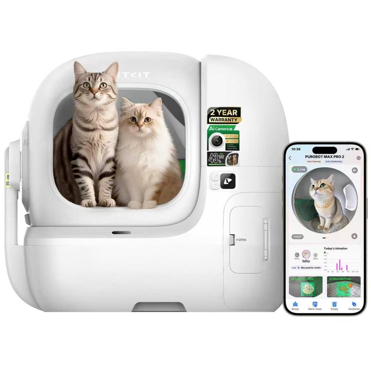 PETKIT Katzentoilette PUROBOT Max Pro 2, Präzise Mehrkatzen-Erkennung, 43% Größerer Eingang