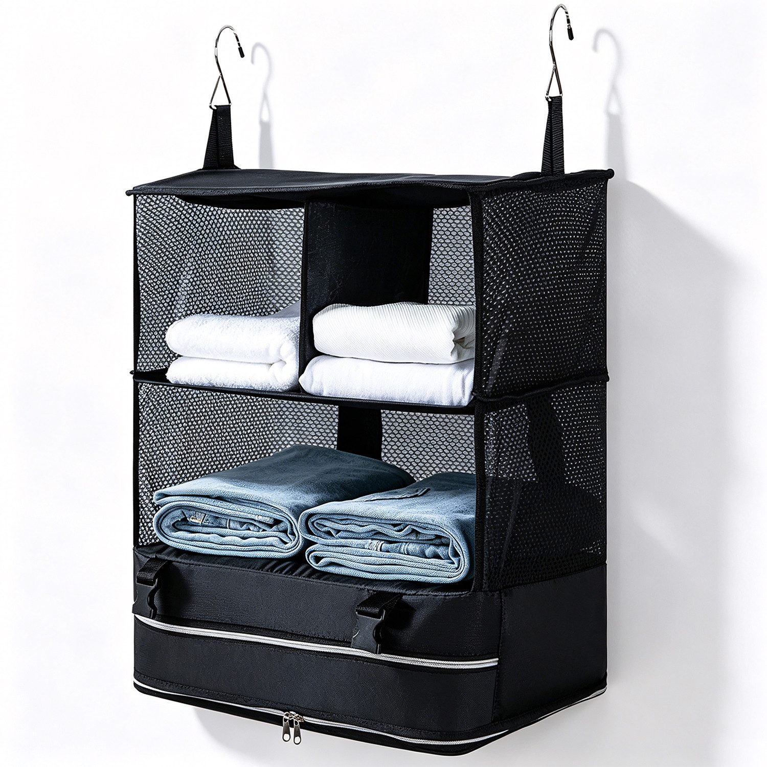 HEYHIPPO Kofferorganizer Hängende Kleideraufbewahrung 3 Ebenen, 43×29×50cm, Reißverschlussfach (Packung, Reise-Kleideraufbewahrung faltbar, für Schrank, Reise,  – Bild 3 von 5