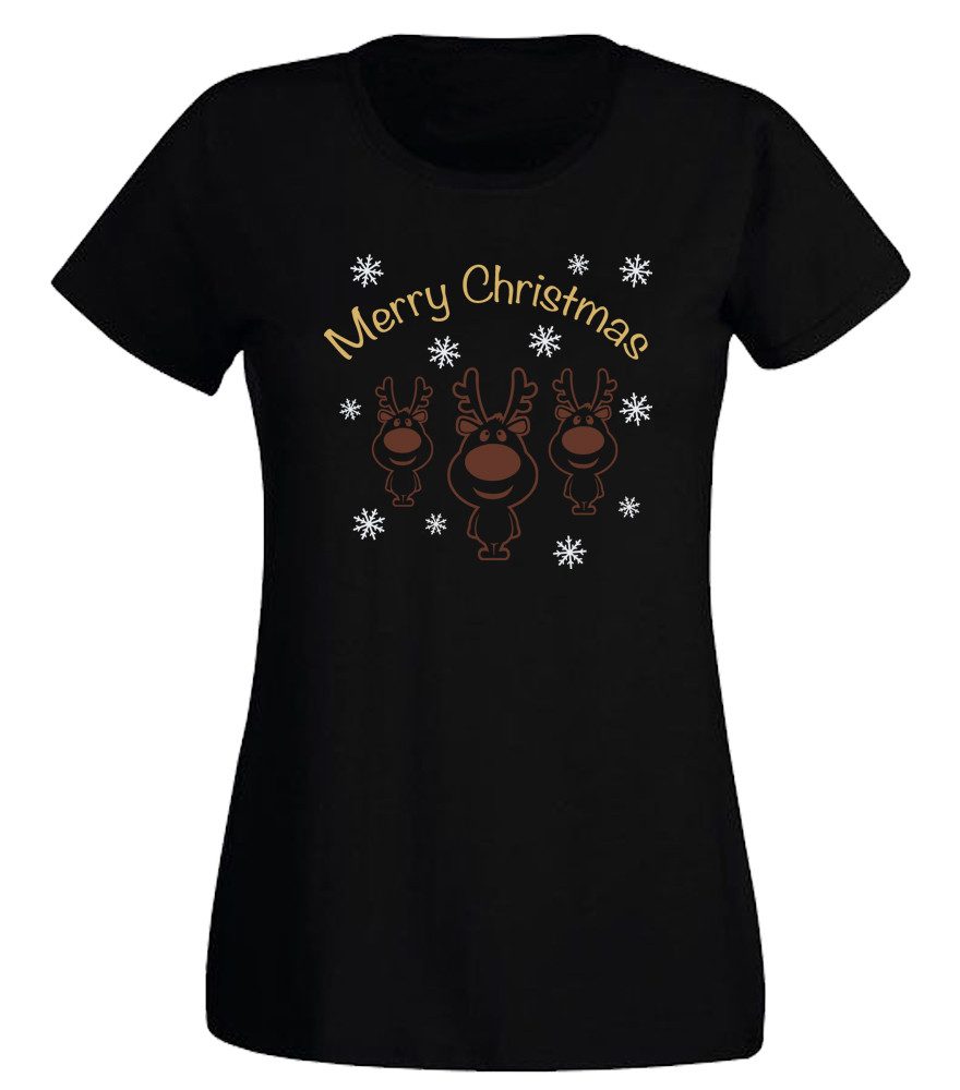 G-graphics T-Shirt Merry Christmas - mit Rentieren & Schneeflocken Slim-fit Damen T-Shirt mit Weihnachtsmotiv