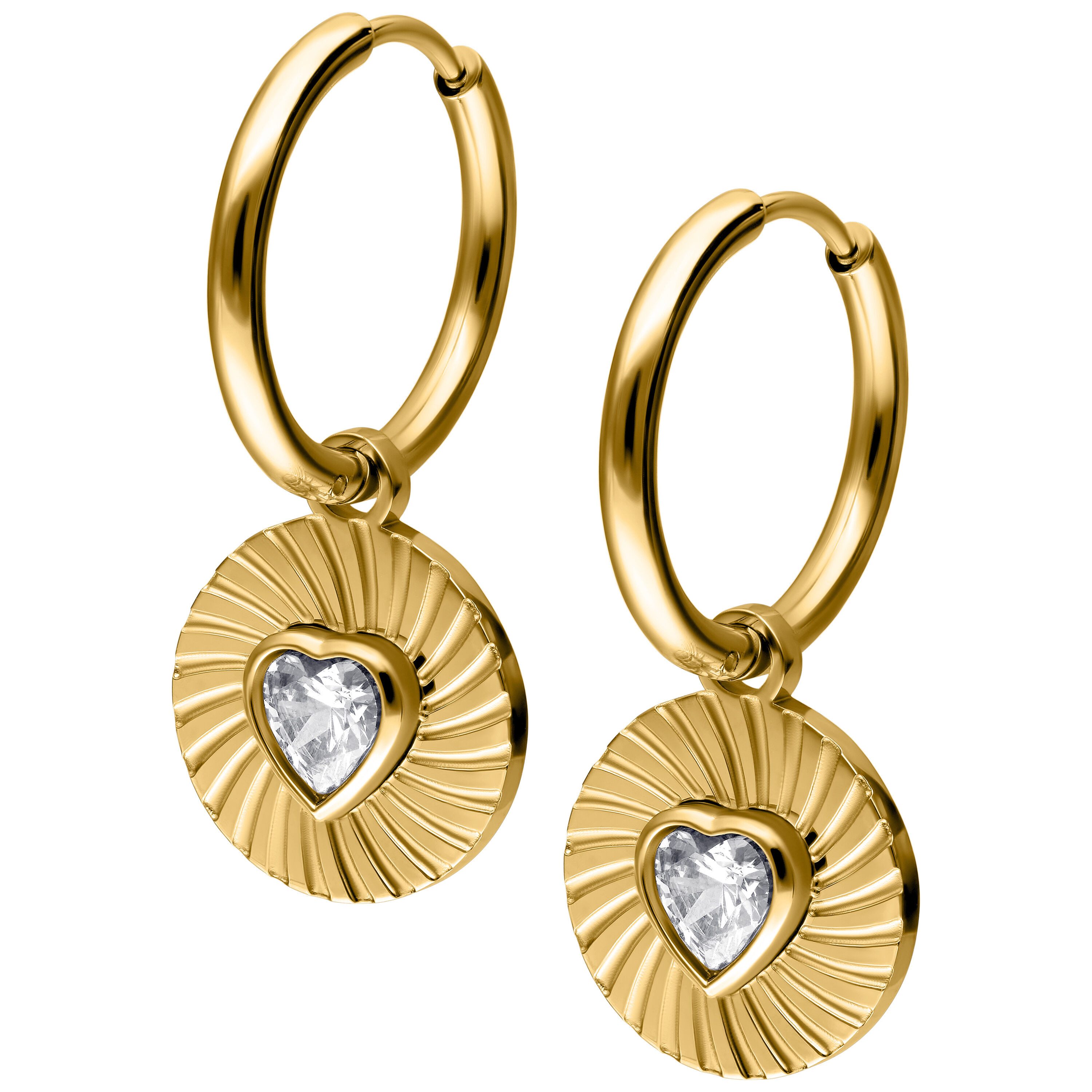 Paar Ohrhänger Little Crystal Riffled Heart Hoops Pair - Gold