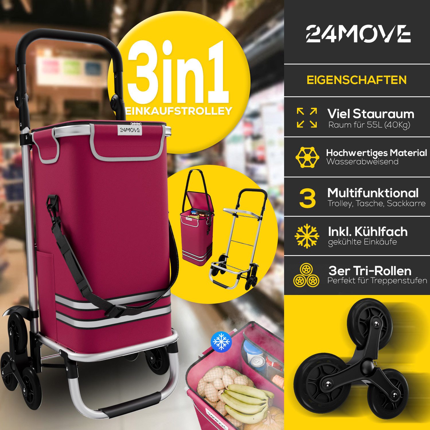 24Move Einkaufstrolley Einkaufstrolley mit 55L, 3in1 Sackkarre und Tasche, klappbar, Sternrad, Handwagen inkl. Kühlfach
