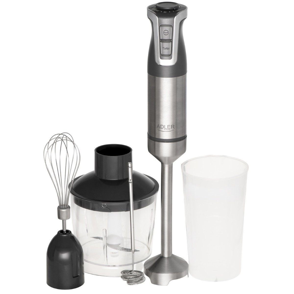 Adler Stabmixer Set AD 4627 1800 W, 20 Geschwindigkeitsstufen + Turbo in Grau, 1800 W, Turbo-Funktion, 4 Edelstahlklingen, Ergonomischer Griff