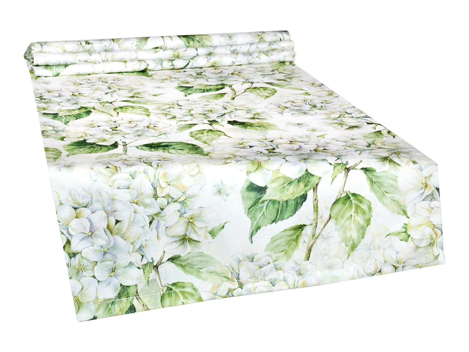 beties Tischläufer Landlust-Hortensie (1-tlg, 1 Stück), 100% Baumwolle, Hortensien in weiß, verschiedene Längen
