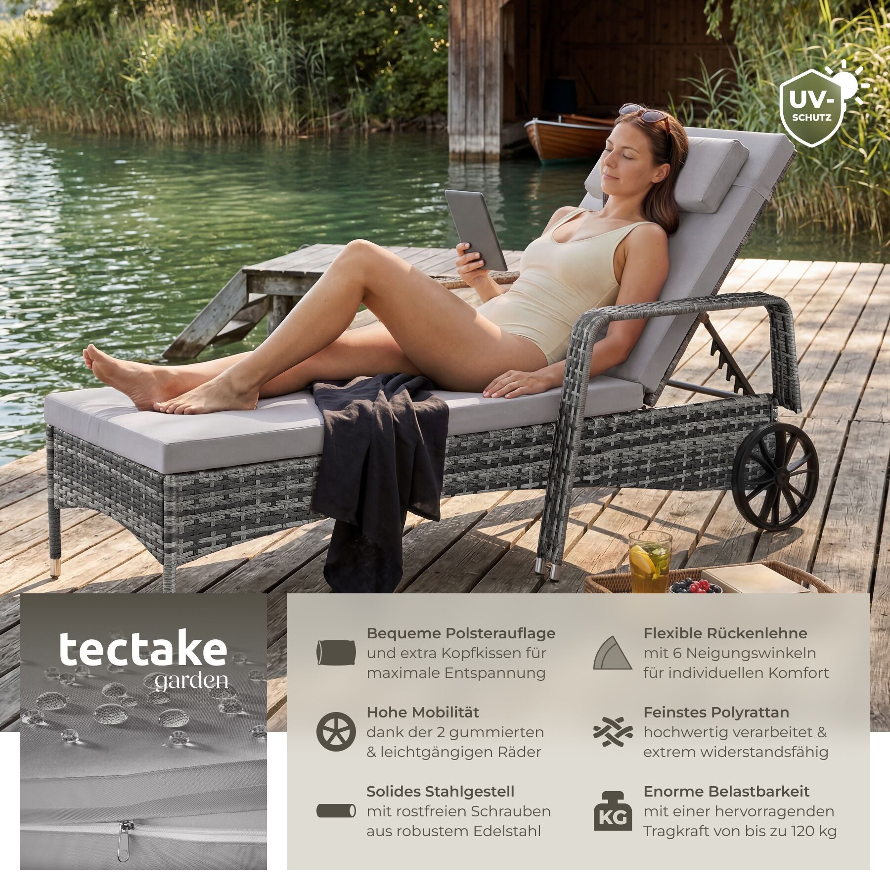 tectake Gartenliege Rattan Sonnenliege, abnehmbares Kopfkissen, 200 x 70 x 33 cm, Balkonliege, 1 St., für Außen in Grau/Hellgrau, widerstandsfähig, UV-beständig, verstellbar Rückenlehne, mit Rädern