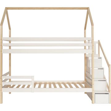 SOFTWEARY Etagenbett mit 2 Schlafgelegenheiten, Rollrost und Treppe (90x200 cm), Hausbett inkl. Rausfallschutz, Kinderbett, Kiefer