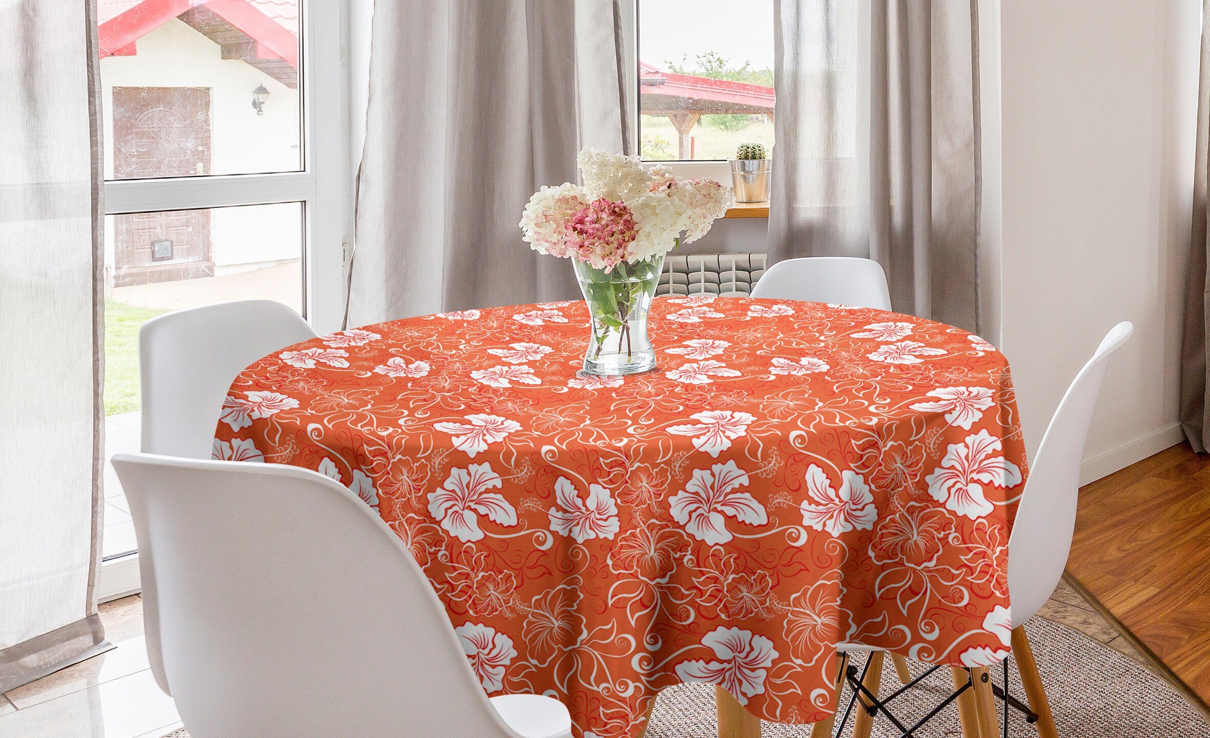 Abdeckung Tischdecke Abakuhaus Küche Dekoration, Orange Tischdecke Kreis Hawaii-Sommer-Hibiscus Esszimmer für