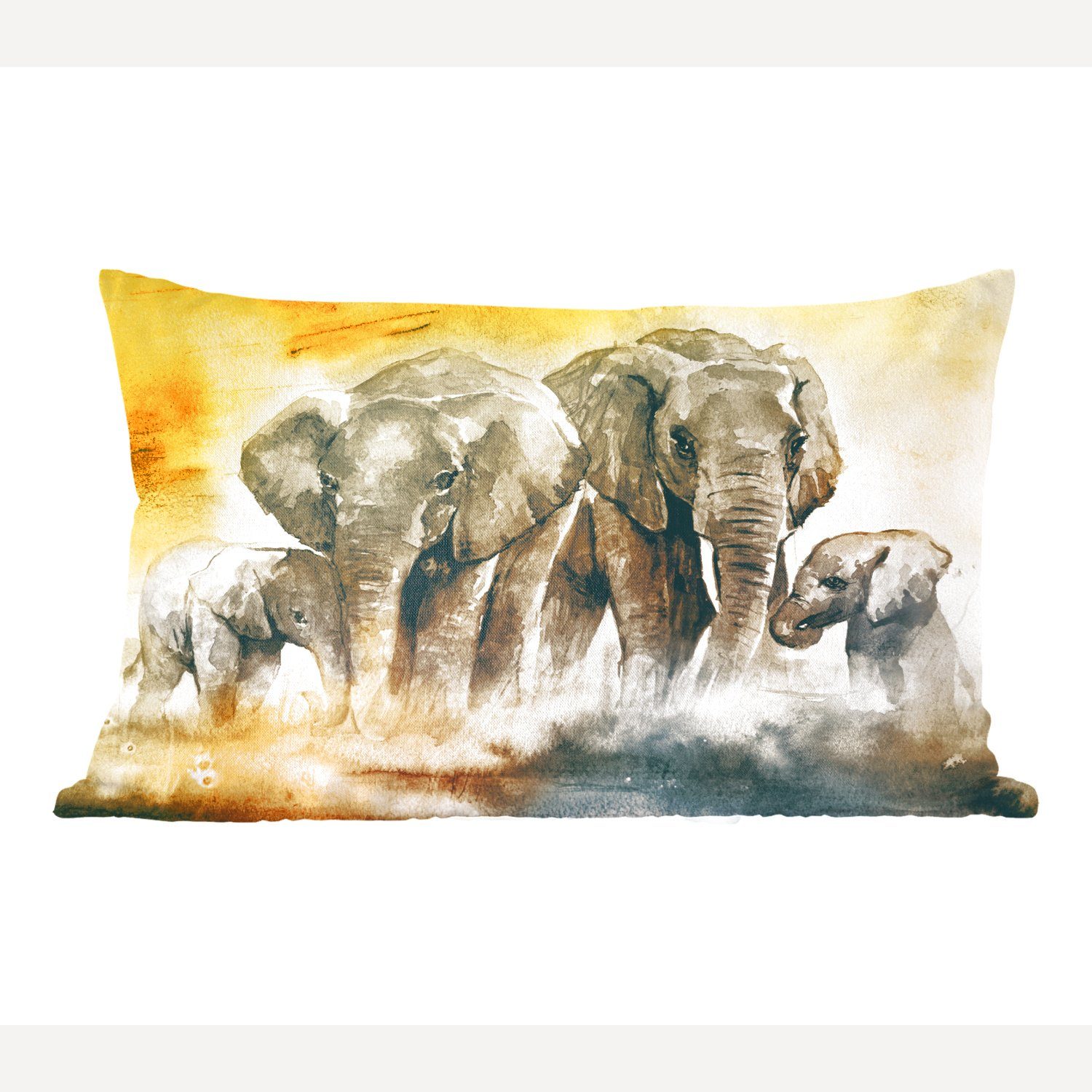 MuchoWow Dekokissen Elefant - Aquarellfarbe - Familie, Wohzimmer Dekoration, Zierkissen, Dekokissen mit Füllung, Schlafzimmer