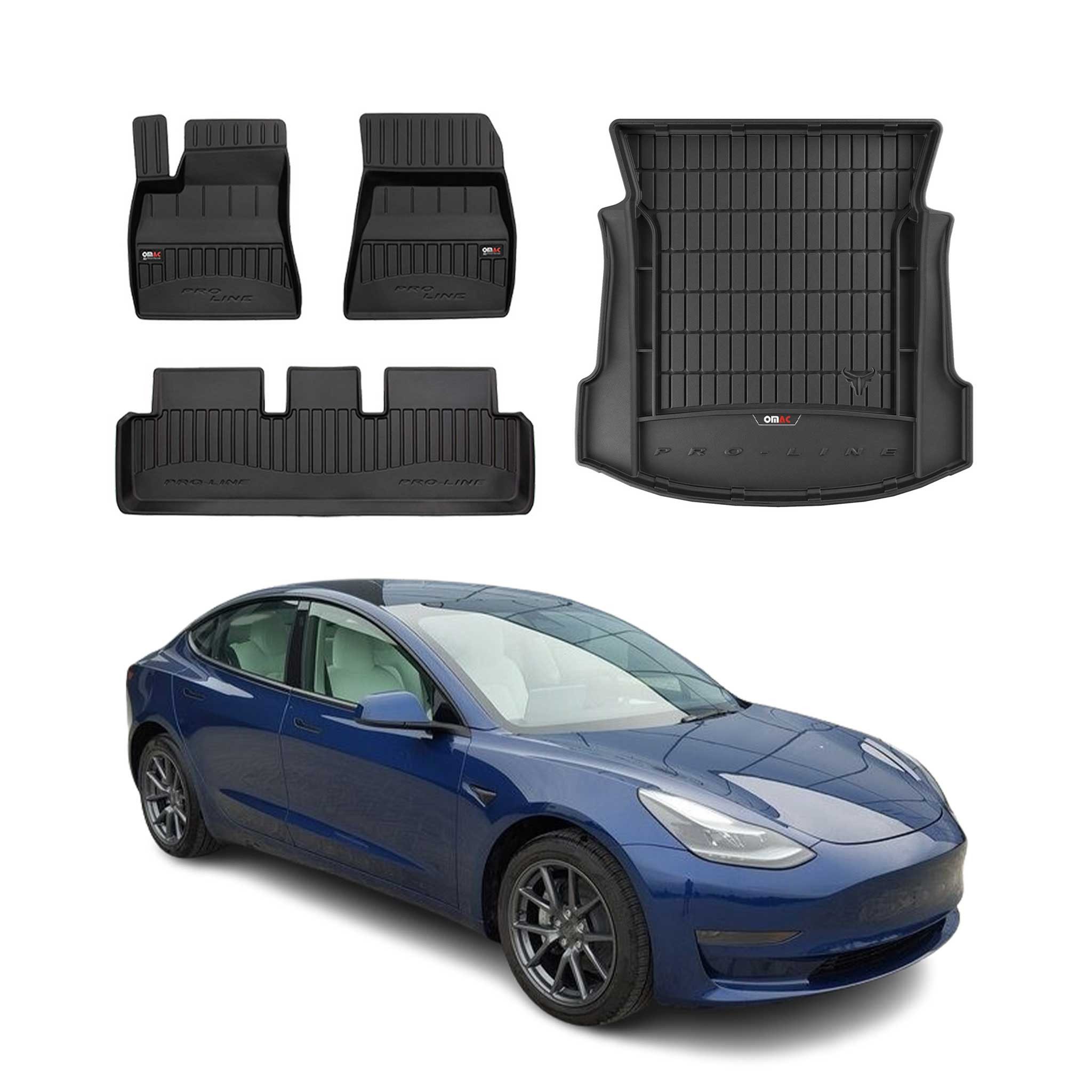 OMAC Auto-Fußmatten Kofferraumwanne Set für Tesla Model 3 2017-2025 Gummi 4x (4 St), für Tesla Model 3 2017-2025 Tesla Model 3 2017-2025, Einfache Installation,Antirutsch,Leicht zu reinigen