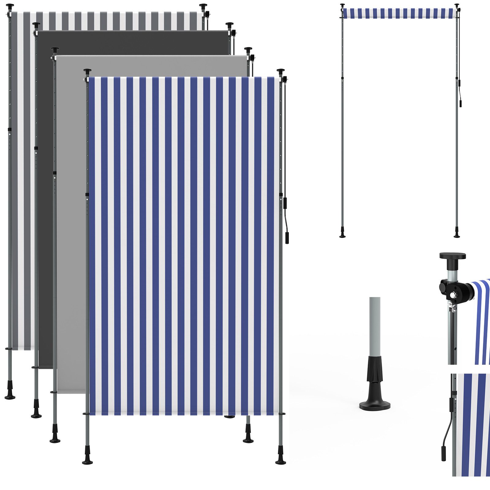 Huracan Senkrechtmarkise Klemmmarkise Ohne Bohren, (Vertikalmarkise Mit Handkurbel, Höhenverstellbarer Balkon-Sichtschutz) Wetterfester Sonnenschutz Für Terrasse Und Garten
