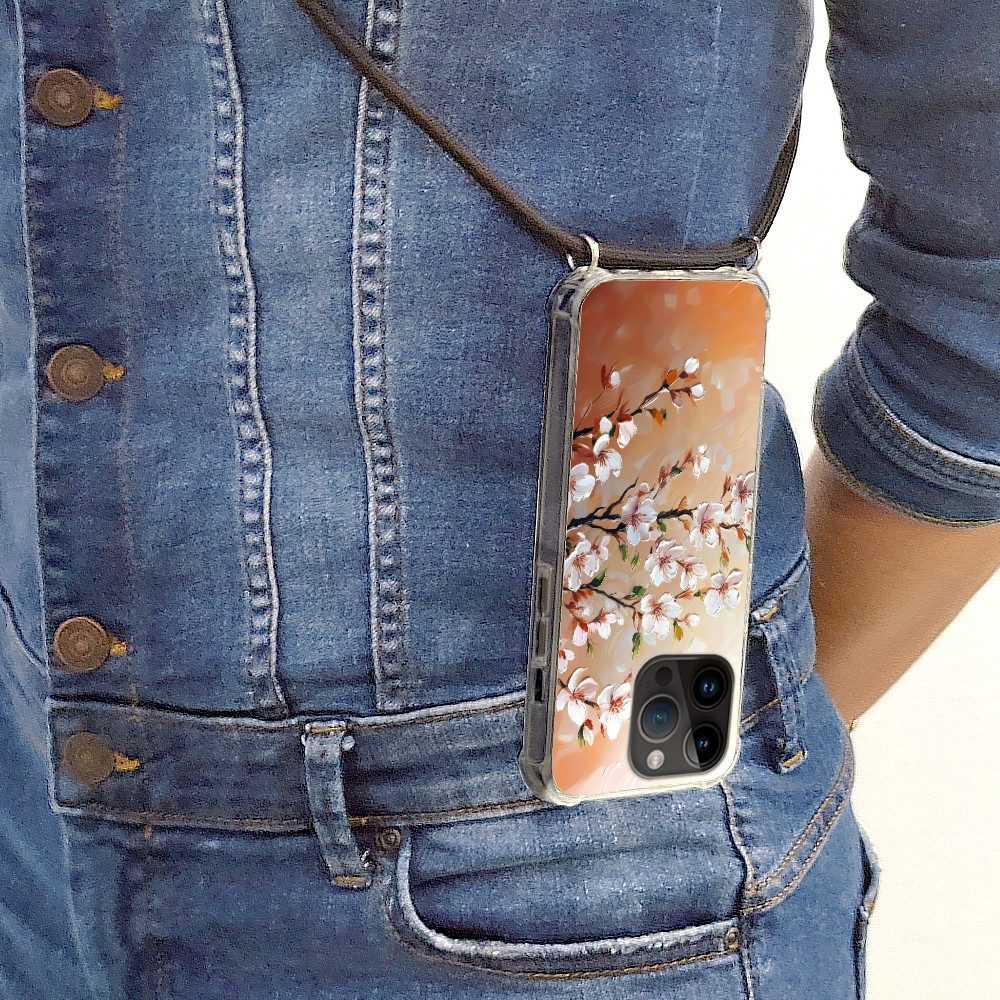MuchoWow Handyhülle für Apple iPhone 14 Pro Max Blütenzweige - Malerisch - Rosa, Tragbare Handyhüllen mit Kette zum umhängen, Handykette Handyband
