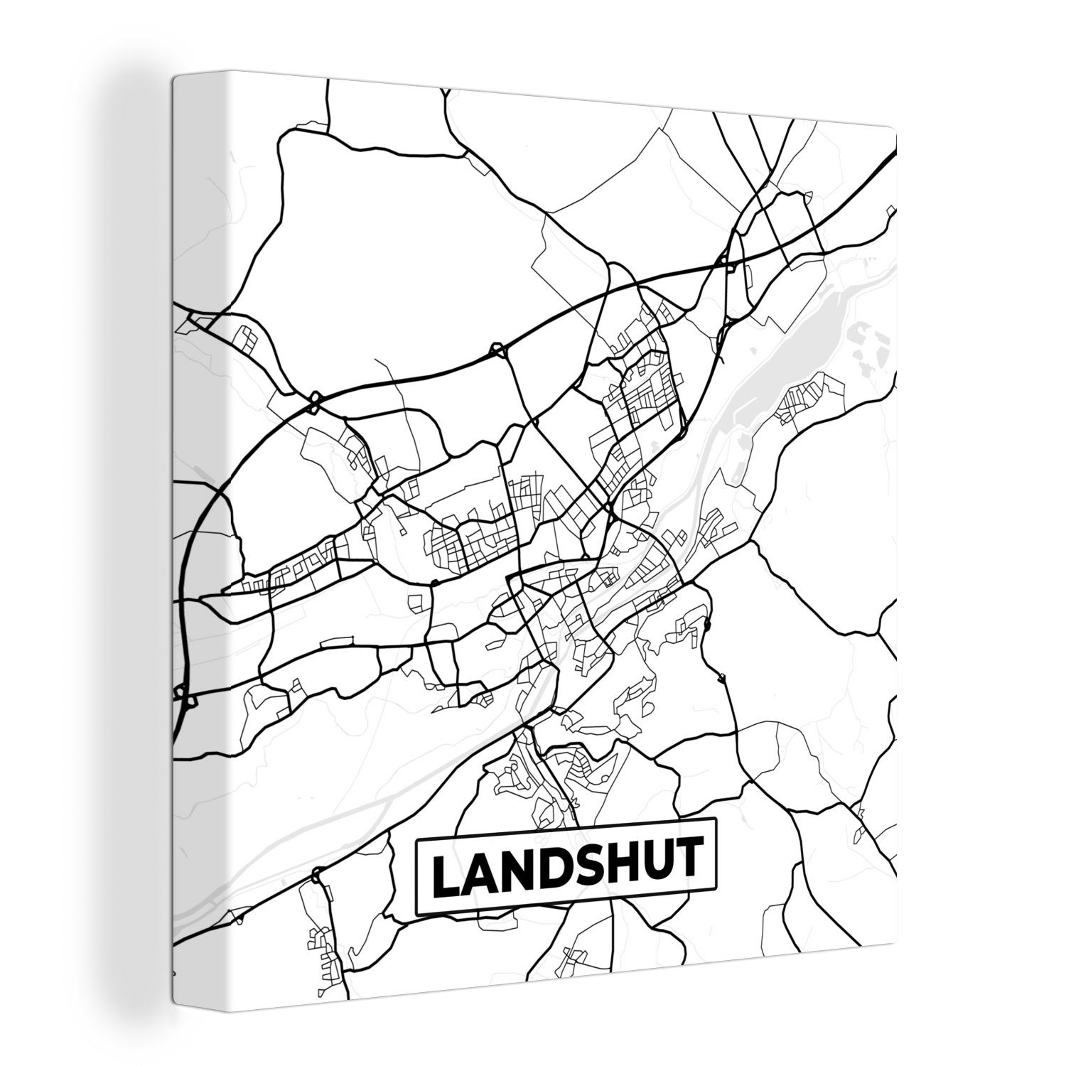 OneMillionCanvasses® Leinwandbild Landshut - Stadtplan - Karte, (1 St), Leinwand Bilder für Wohnzimmer Schlafzimmer