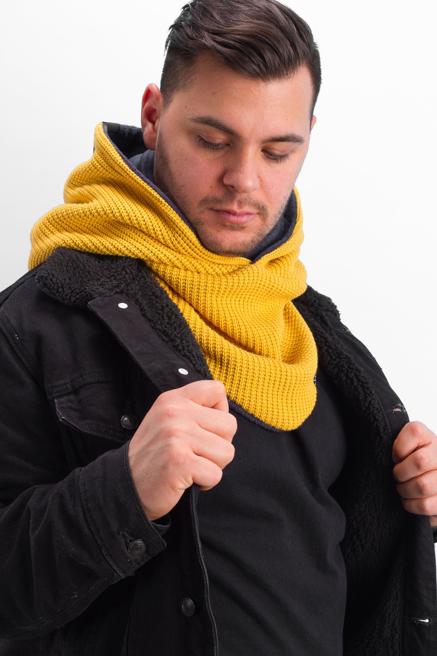 Windbreaker Modeschal - Schal, Hooded integriertem Manufaktur13 Knit Loop Mustard Strickschal, Kapuzenschal, mit