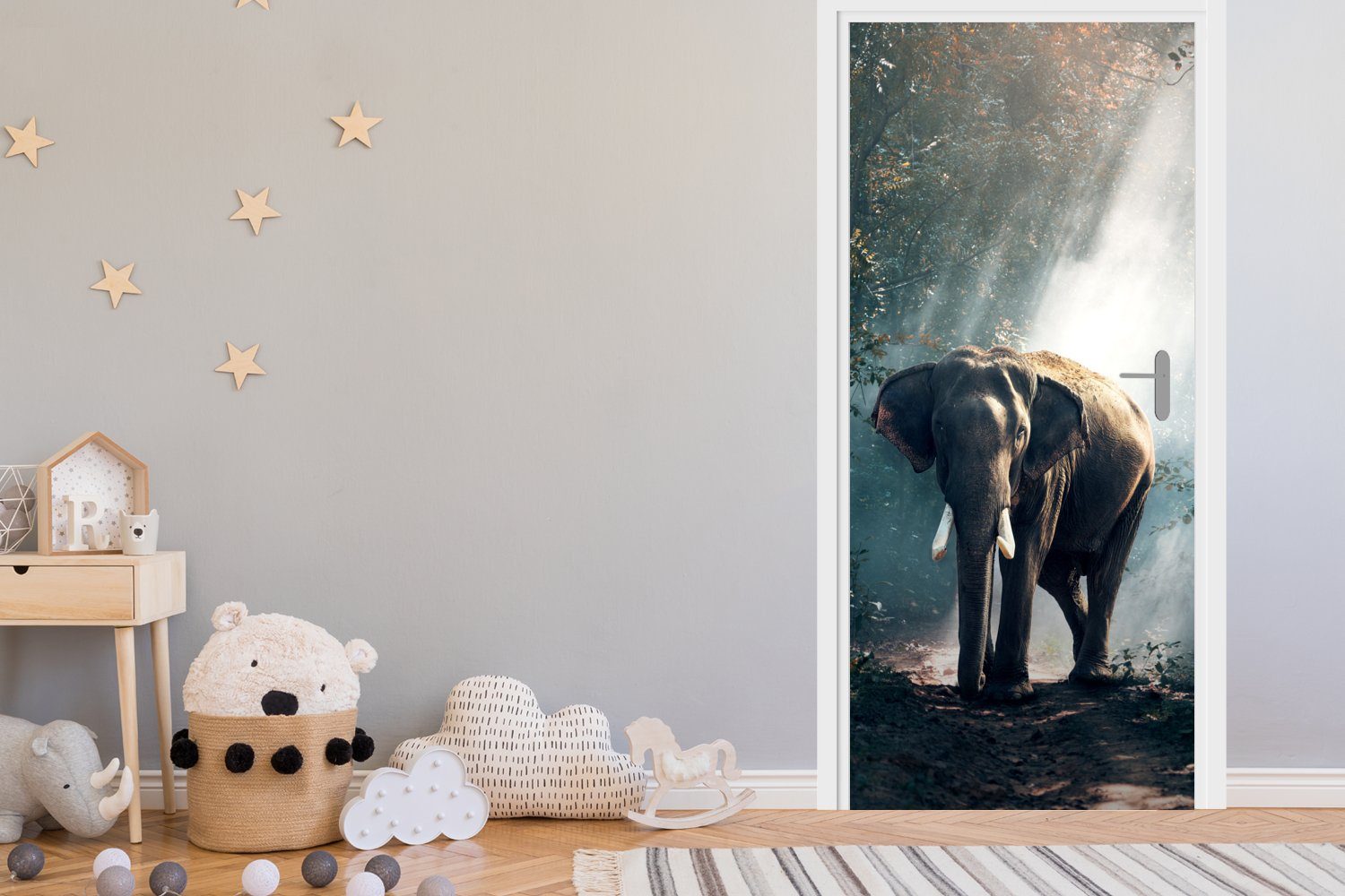 Natur cm St), - Licht - MuchoWow für Fototapete Matt, Türtapete Elefant - Tiere Türaufkleber, Wildtiere, bedruckt, 75x205 Tür, - - Wald (1