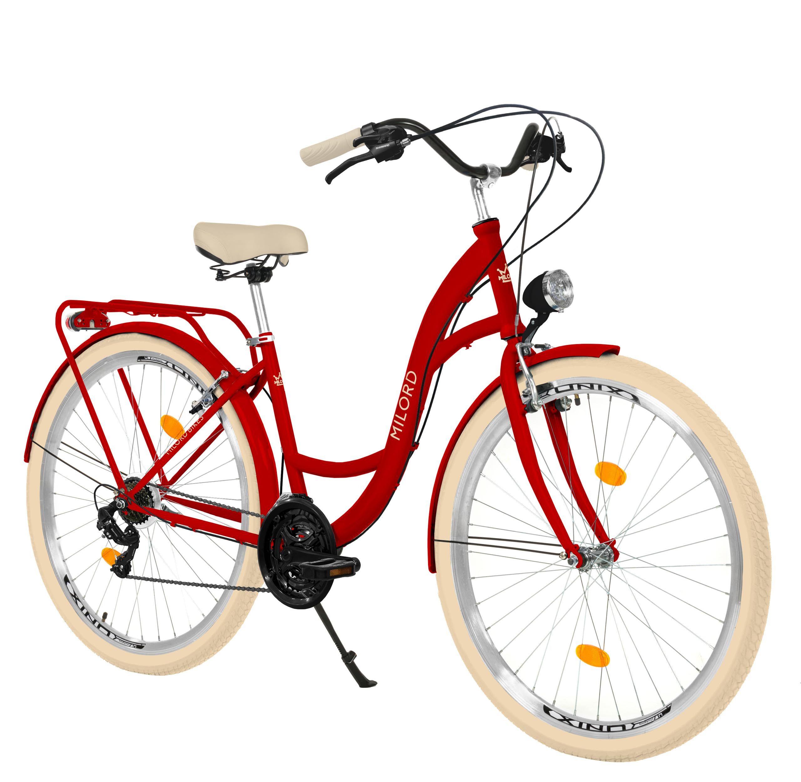 Milord Cityrad Damenfahrrad Citybike Hollandrad Vintage Fahrrad, Rot, 26/28 Zoll, 21 Gang, (Fahrradständer, Gepäckträger, Klingel, Korb, Kotflügel)