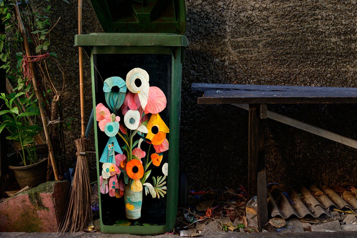- Blumen - Sticker, (1 Farben Mülleimer-aufkleber, St), Container, MuchoWow Vase - Mülltonne, Abfalbehälter Wandsticker Blumenstrauß
