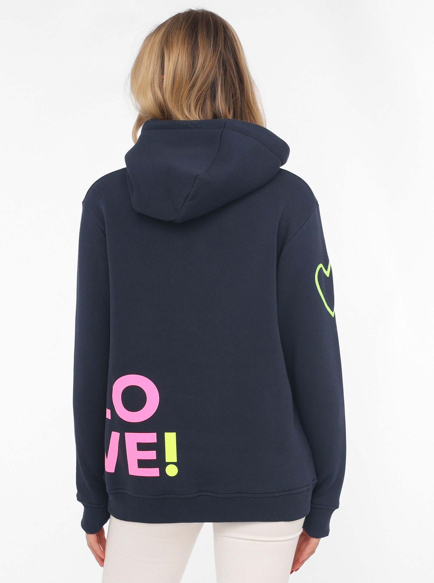 Zwillingsherz Kapuzensweatshirt mit gesticktem Neon Herz am Ärmel und "Love" Schriftzug auf Kordel – Bild 3 von 5