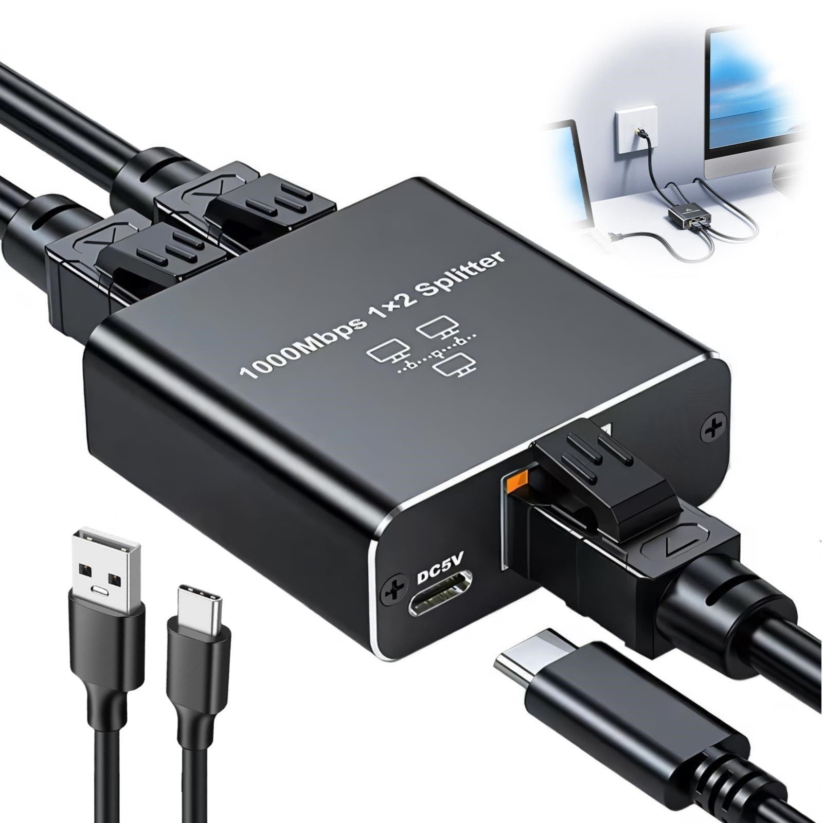 Luckice Ethernet-Splitter 1 zu 2 1000 Mbit/s, RJ45 mit Type-C-Netzkabel Netzwerk-Switch (Für Computerhub, Router, Set-Top-Box, Digitalfernseher)